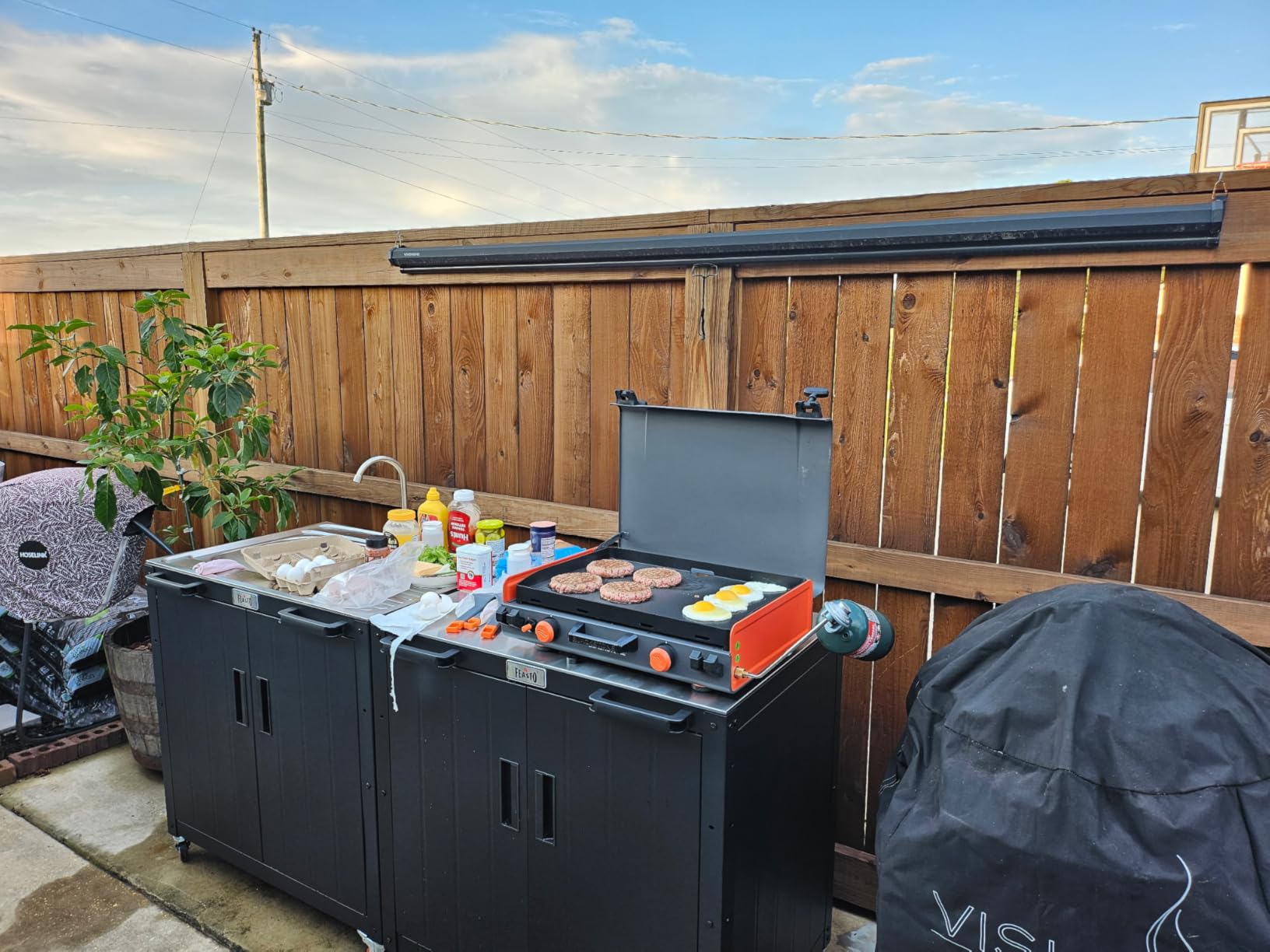 Outdoor Kitchen Island with Stainless Steel Sink and Storage Cabinet, 35-Inch BBQ Prep Station with Faucet & Lockable Wheels for Patio, Backyard, and Outdoor Cooking, Black & Silver customer photo 1