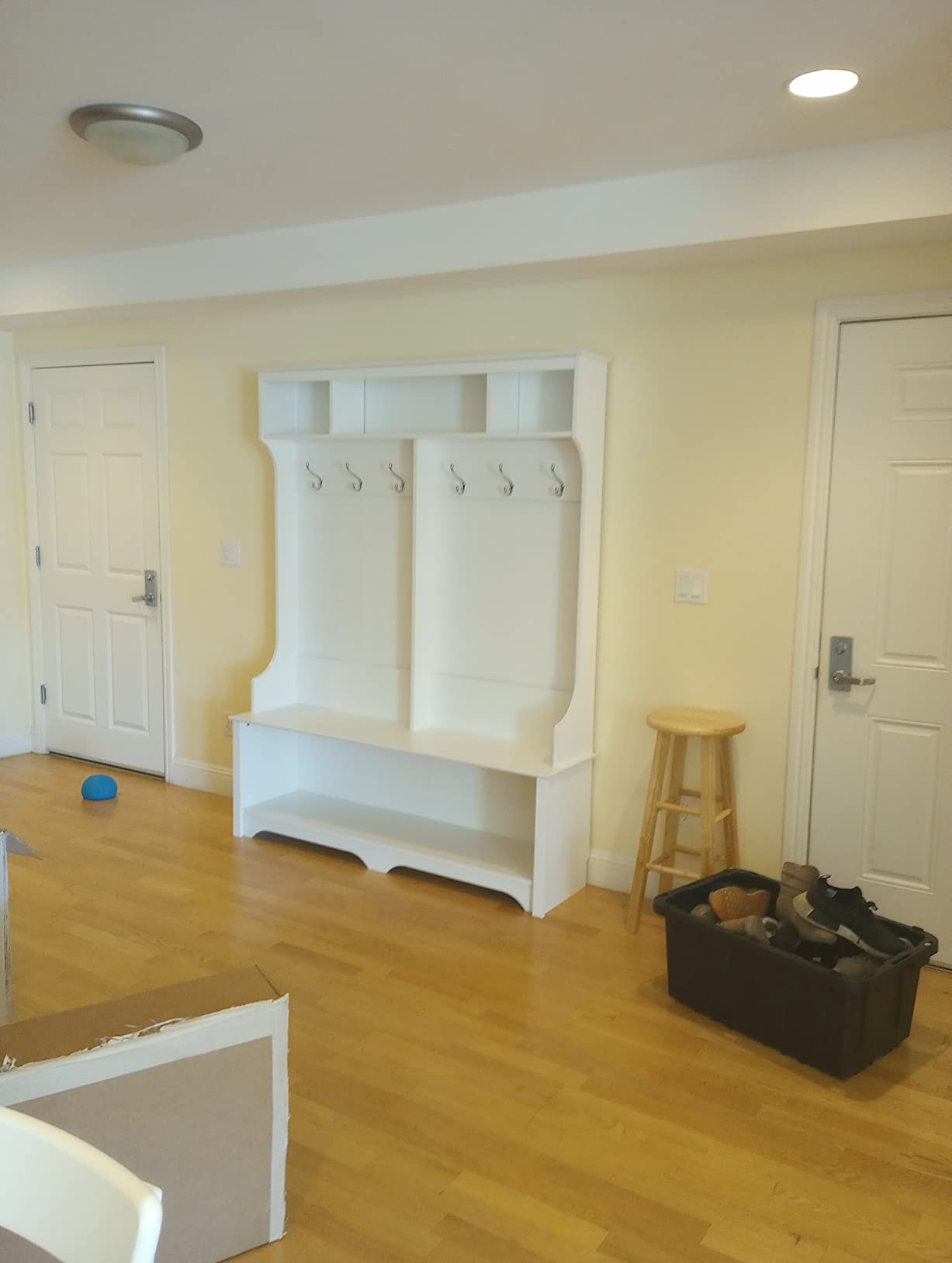 Prepac Farmhouse Washed White Hall Tree, Shoe Cabinet, Storage Cabinet with 12 Shoe Cubbies, 2 Boot Cubbies and 6 Double Coat Hooks 15.5