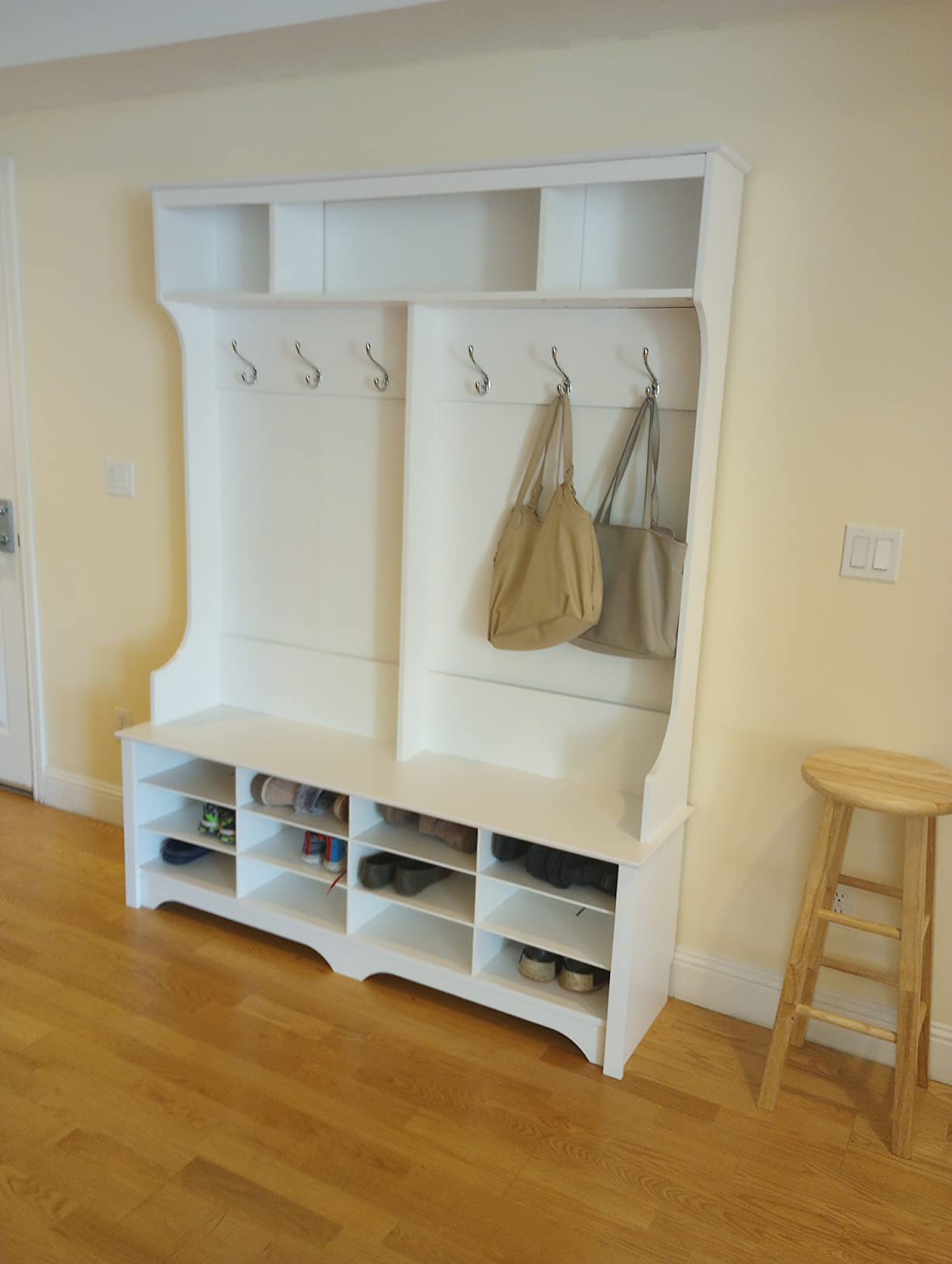 Prepac Farmhouse Washed White Hall Tree, Shoe Cabinet, Storage Cabinet with 12 Shoe Cubbies, 2 Boot Cubbies and 6 Double Coat Hooks 15.5