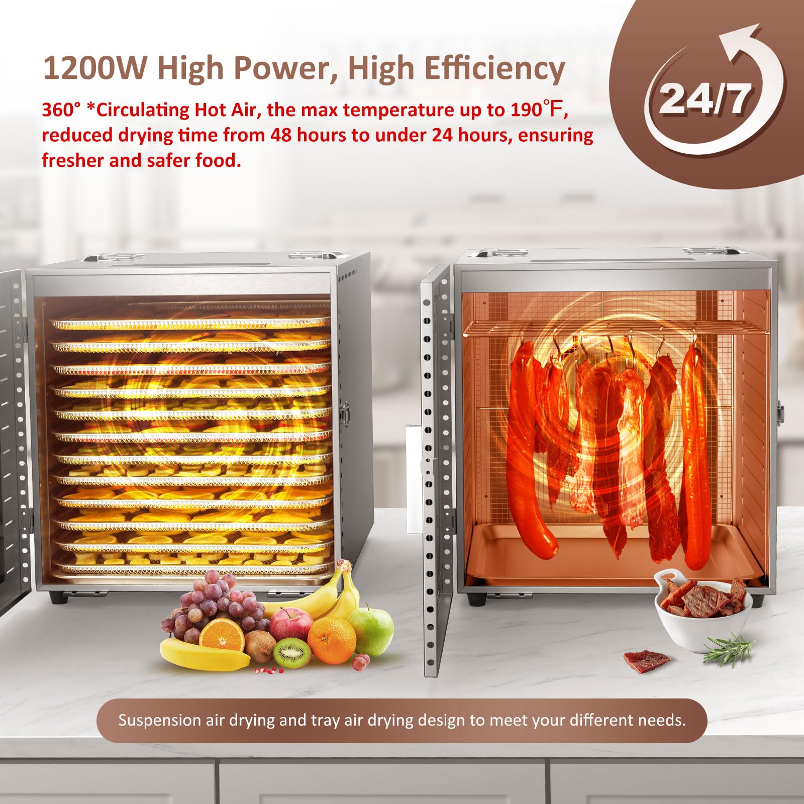 Commercial Large 12 Trays Food Dehydrator, Usable Area up to 22.67ft², 1200W Full Stainless Steel Dryer Machine, up to 190℉ Temperature, for Meat, Fruit, Veggies, Beef, Herbs, Pet Foods customer photo 2