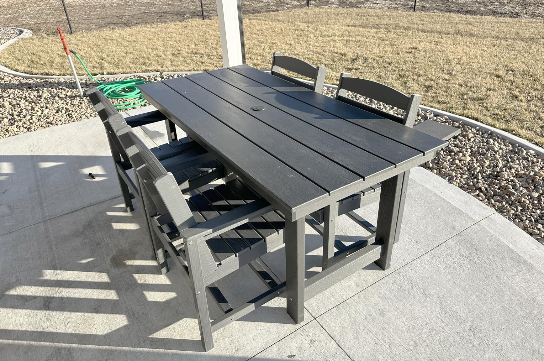 SERWALL 7-Piece Patio Dining Table Sets, Outdoor HDPE Dining Furniture Set with Umbrella Hole Cut-Out Table and 6 Chairs, Black customer photo 1