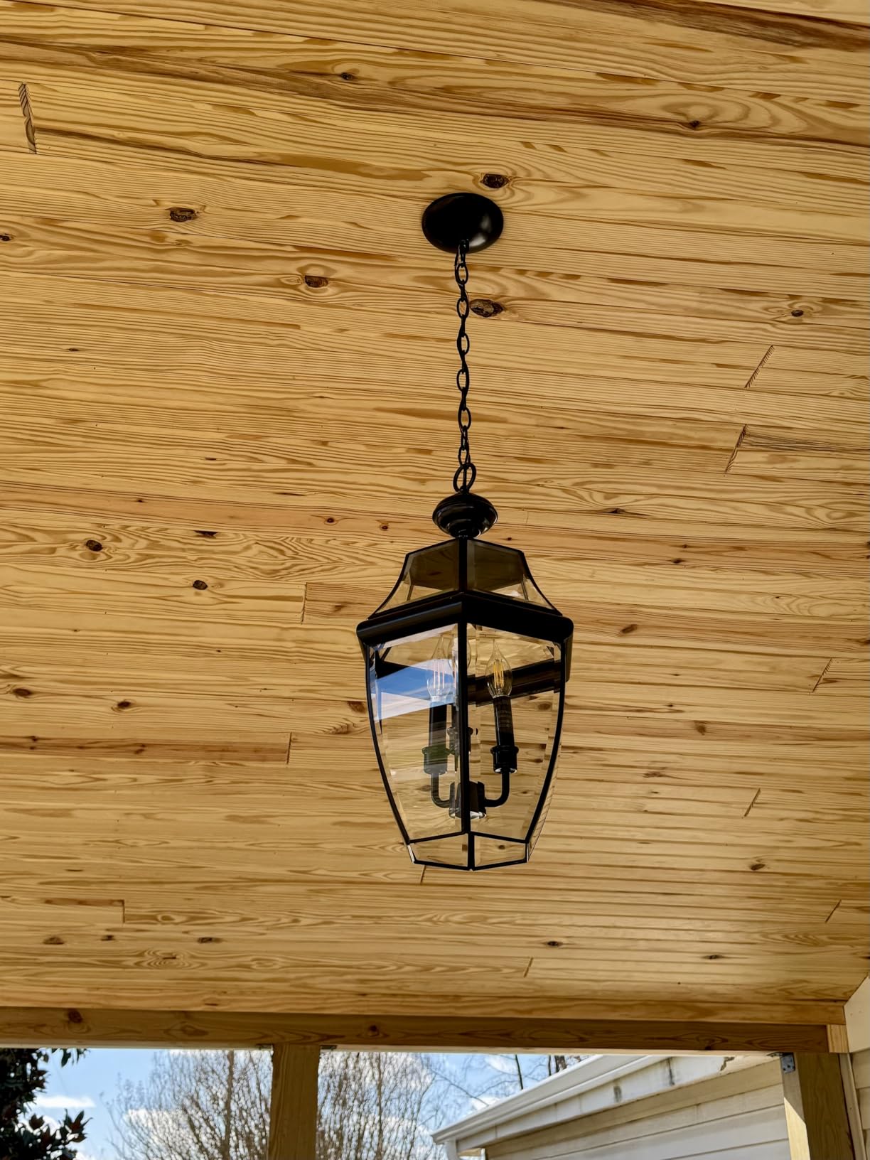 Large Outdoor Pendant Light Fixture 3-Light, 20in Modern Black Outdoor Chandelier Hanging Porch Light, Metal Exterior Ceiling Mount Hanging Lantern with Clear Glass for Front Door, Entrance, Gazebo customer photo 2