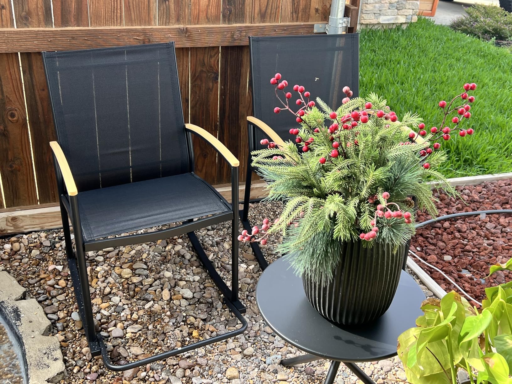 Shintenchi 3 Piece Outdoor Rocking Bistro Set, Textilene Fabric Small Patio Furniture Set, Front Porch Rocker Chairs Conversation Set with Table for Lawn, Garden, Balcony, Poolside (Black) customer photo 1