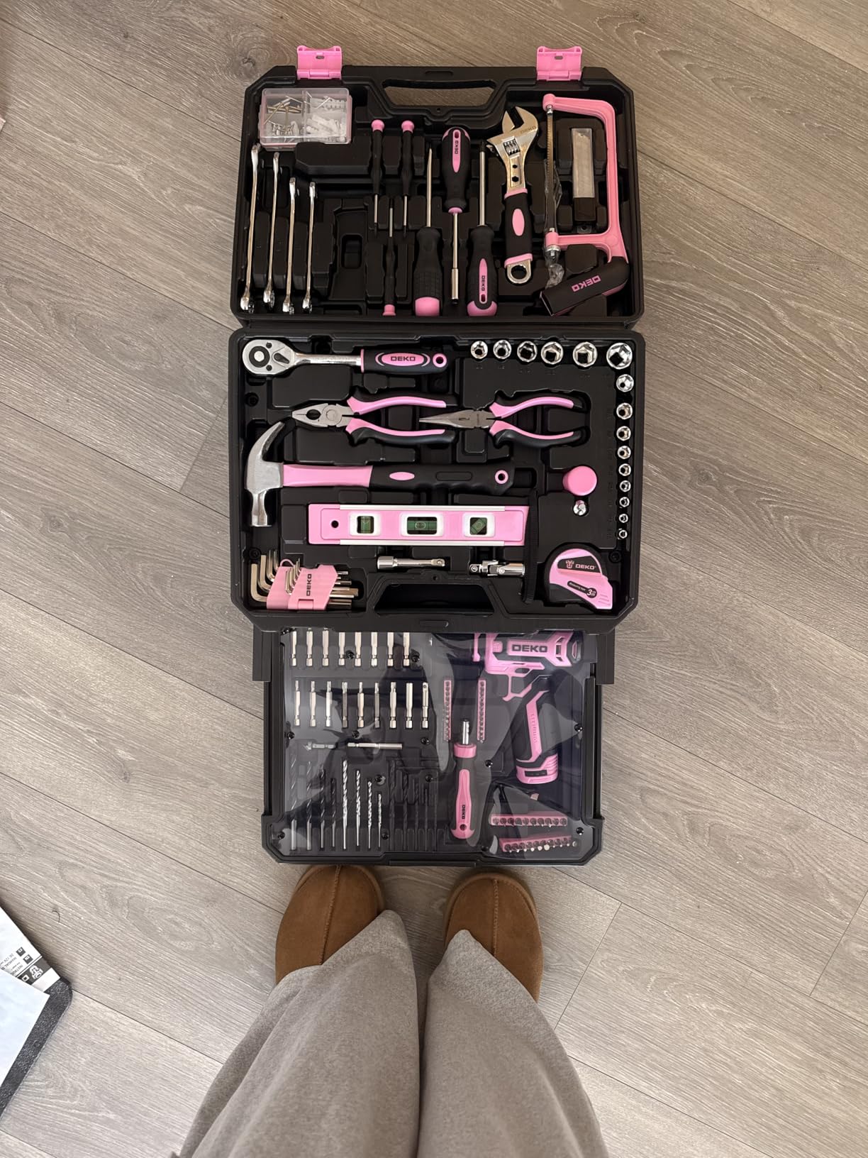 Pink Tool Kit Box Drill Set: DEKOPRO Home Mechanic Toolbox with 12V Power Cordless Drill Hand Repair Tools Sets Combo Kits Storage Organizer Drawer Case for Men & Women customer photo 1
