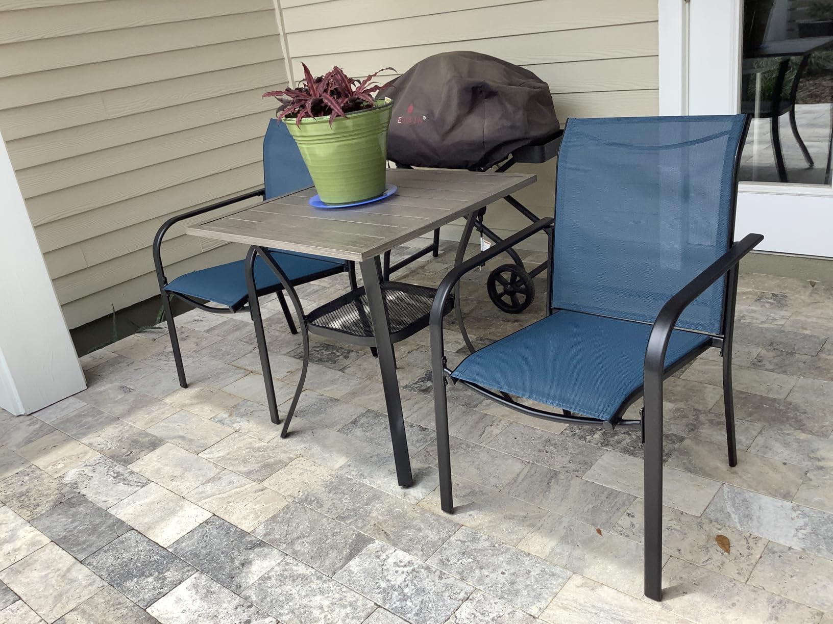 VICLLAX 5 Pieces Patio Dining Set, Outdoor Furniture Set Includes 1 Square Outdoor Table and 4 Stackable Patio Sling Chairs, Black Tabletop and Grey Fabric customer photo 1