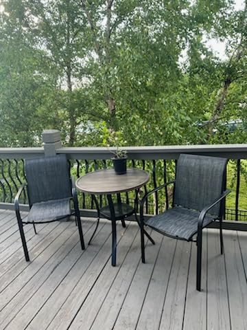 VICLLAX 5 Pieces Patio Dining Set, Outdoor Furniture Set Includes 1 Square Outdoor Table and 4 Stackable Patio Sling Chairs, Black Tabletop and Grey Fabric customer photo 2