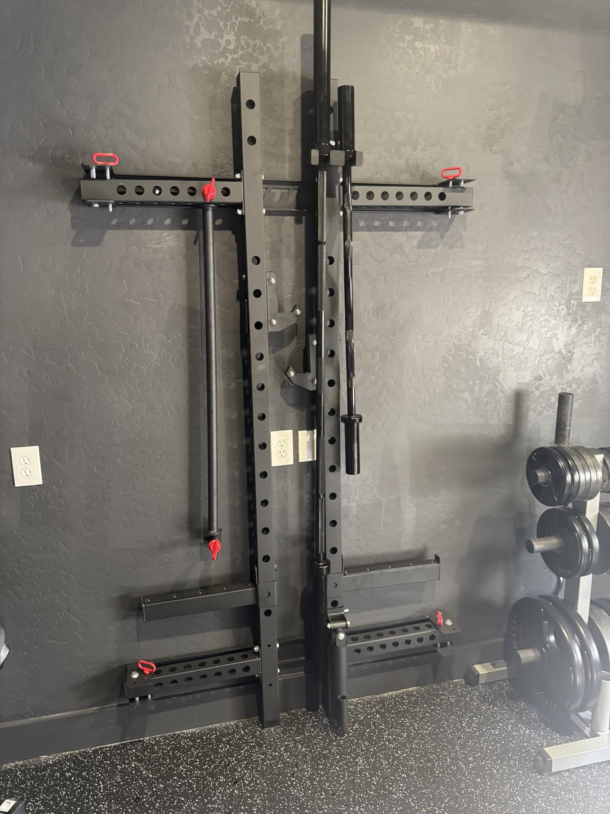 RitFit 2.36'' x 2.36'' Folding Squat Rack for Home Gym, Wall Mounted Squat Rack with Attachments - Space Saving Squat Power Rack customer photo 1