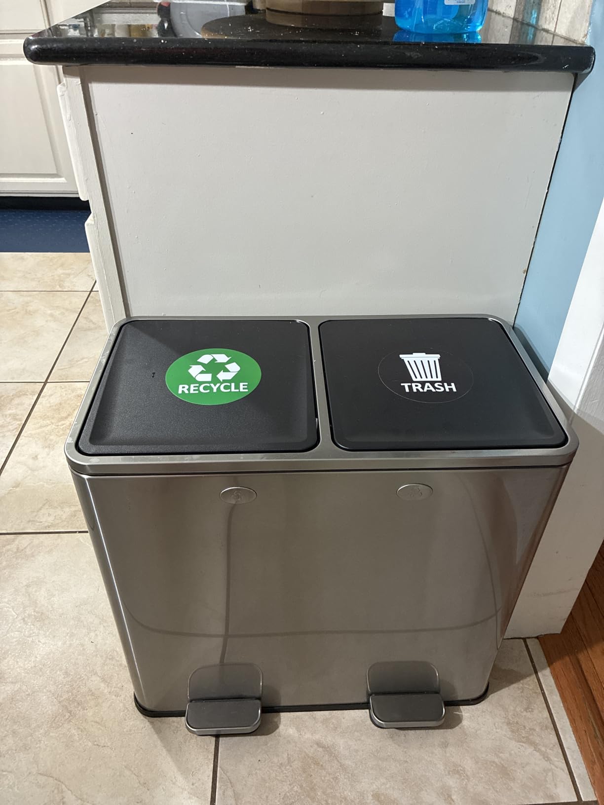 CAPHAUS Dual Trash Can with Lid, Trash and Recycling Bins Combo for Kitchen, Hands-Free Stainless-Steel Garbage Can with 2 Compartment, Hinged Lid, Odor Filter, Handles, 30L+30L, 2 x 8 Gallon customer photo 1