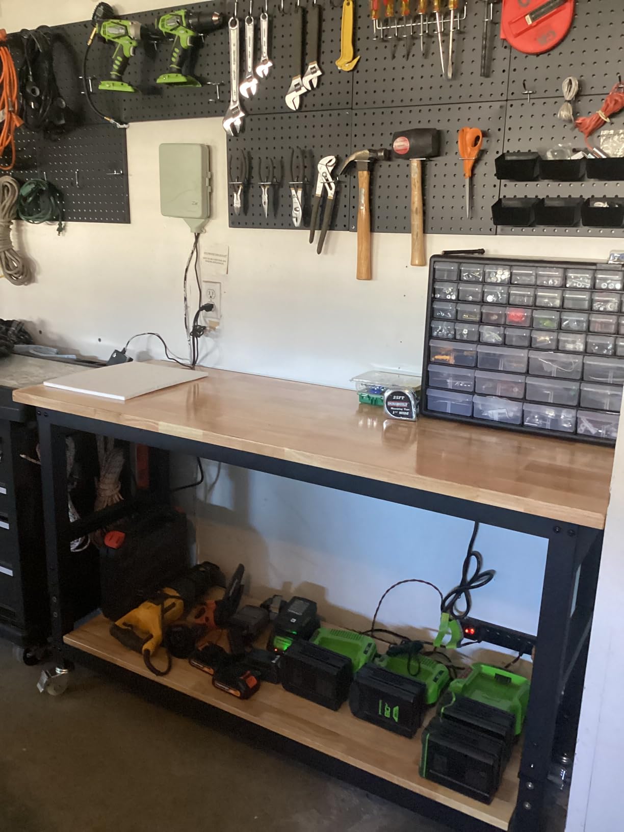 Work Table for Garage 60 Inch Workbench with Storage Adjustable Height Rubber Wood Tabletop Work Bench with Power Outlets Pegboard Pad for Cutting Wood Shop Woodworking Home Office customer photo 2