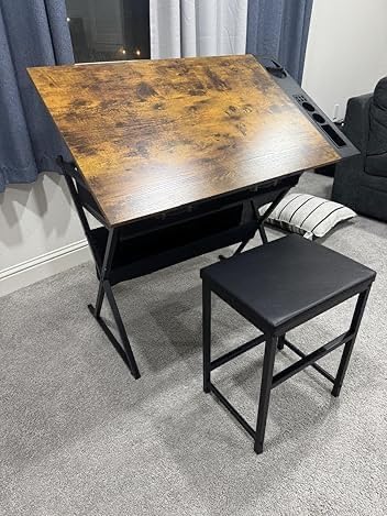 VECELO Drafting Table Art Desk Art Table Adjustable Drawing Table Tilted Tabletop with 2 Storage Drawers and Stool, Drawing Desk for Artist Painters Drawing, Crafting, Reading, Writing, Rustic Brown customer photo 1