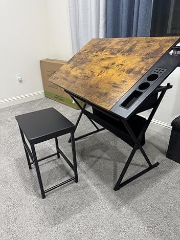 VECELO Drafting Table Art Desk Art Table Adjustable Drawing Table Tilted Tabletop with 2 Storage Drawers and Stool, Drawing Desk for Artist Painters Drawing, Crafting, Reading, Writing, Rustic Brown customer photo 2