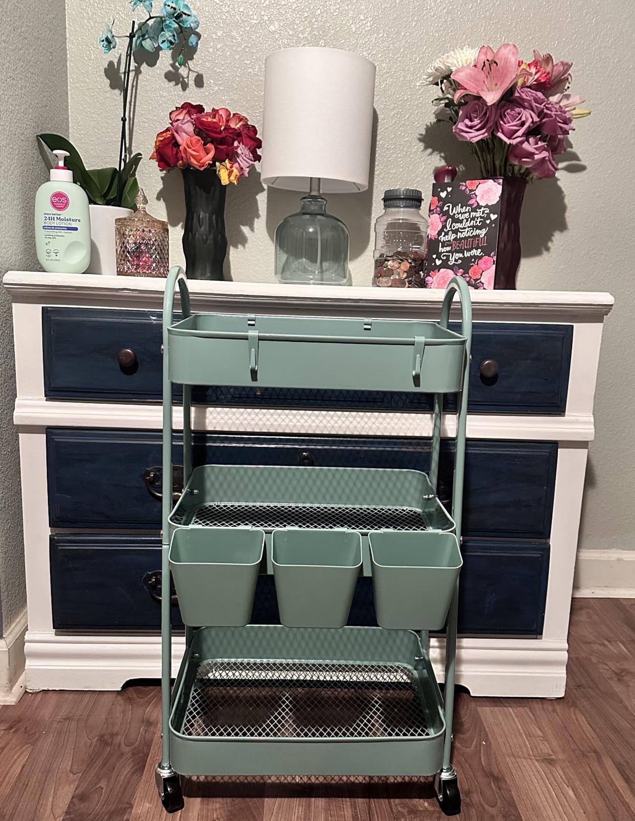 3 Tier Metal Rolling Cart with Lockable Wheels, Black Three Tiered Utility Storage Organizer Carts on Wheels for Bathroom, Kitchen, Laundry, Garage, Office, Craft, Art, Baby, Diaper Caddy, Snack, Book customer photo 1