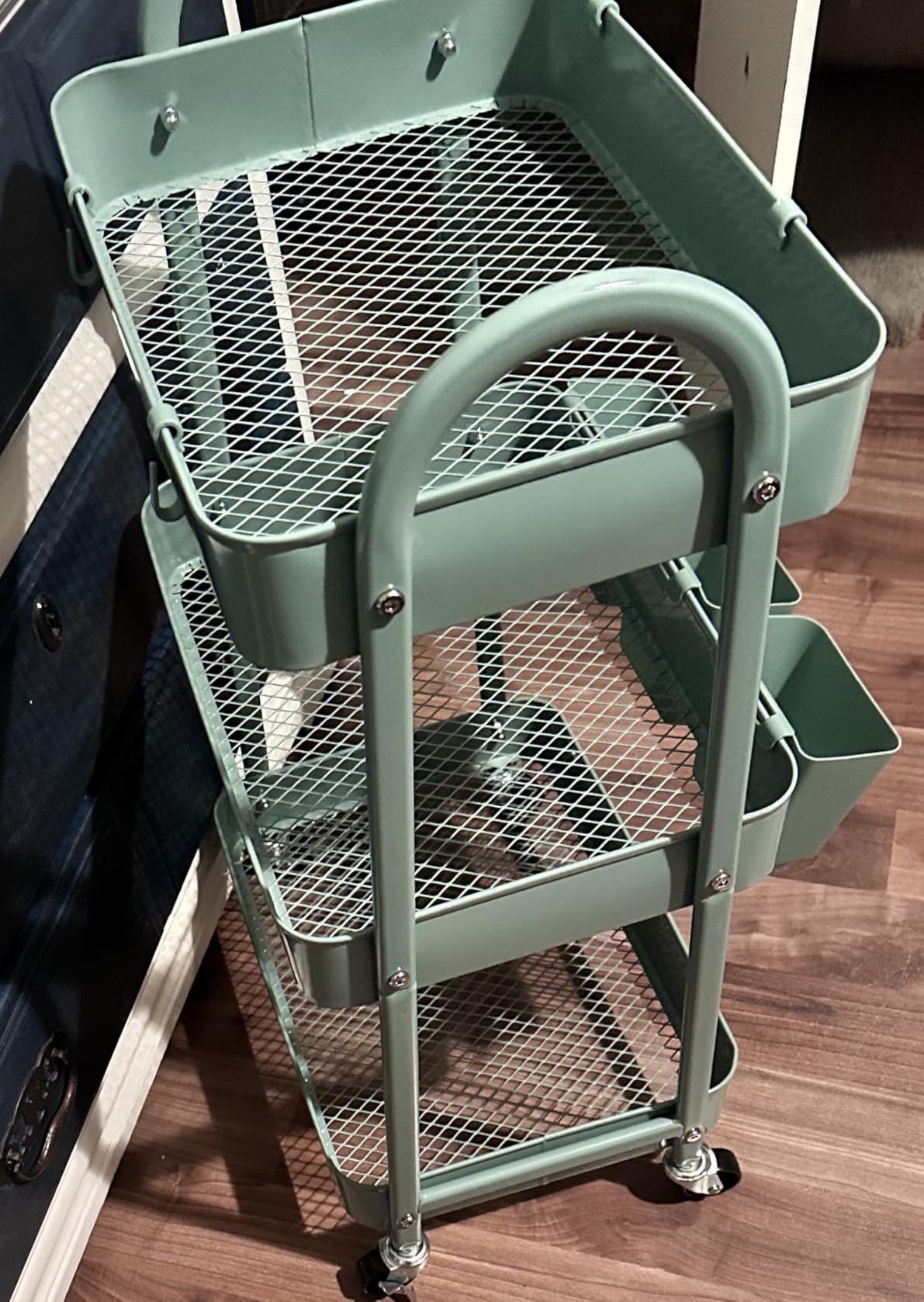 3 Tier Metal Rolling Cart with Lockable Wheels, Black Three Tiered Utility Storage Organizer Carts on Wheels for Bathroom, Kitchen, Laundry, Garage, Office, Craft, Art, Baby, Diaper Caddy, Snack, Book customer photo 2