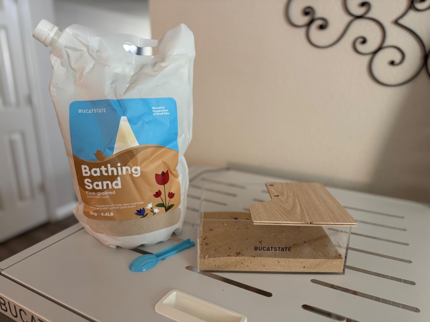 BUCATSTATE Hamster Sand, No-Dust 6.6LB Chinchilla Dust Bath with Pour Spout, 100% Natural Desert Bathing Sand for Syrian Hamster Gerbil Rat Mice Small Animals (Flower Smell) customer photo 2