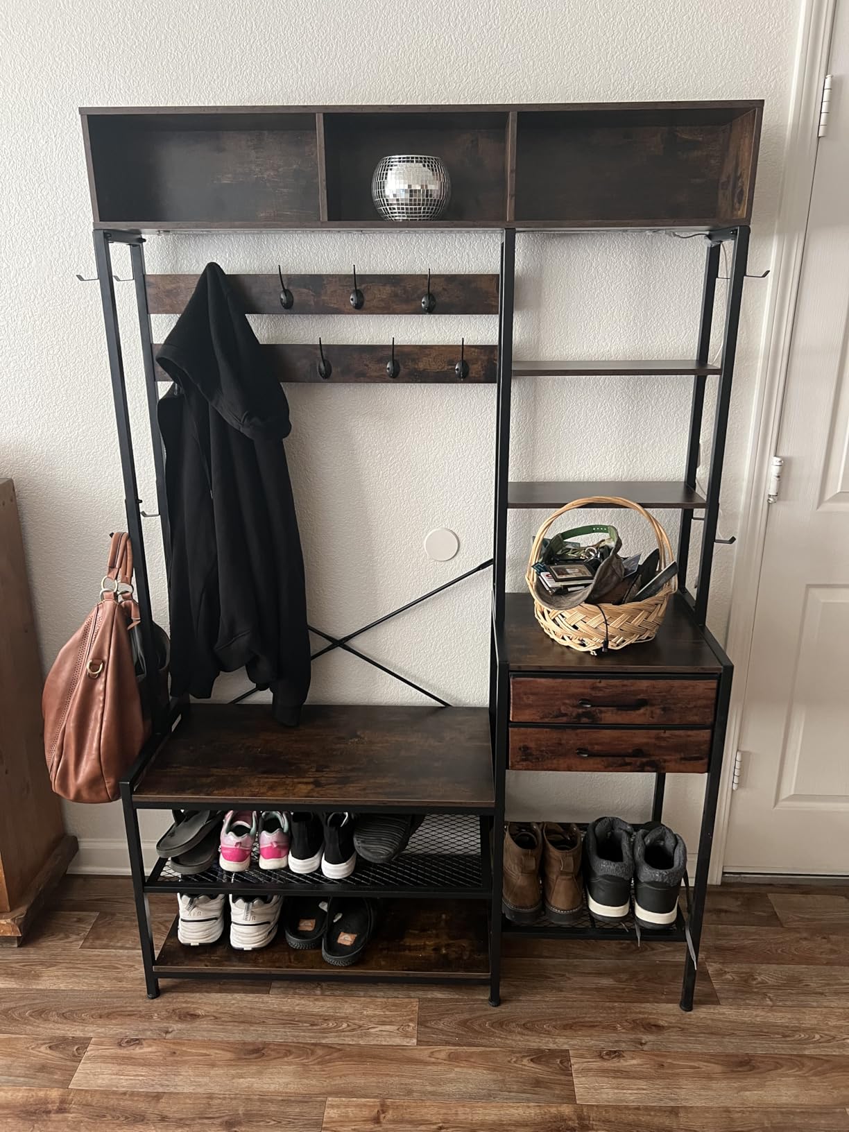 Itaar Hall Tree with Bench and Shoe Storage, 7-in-1 Entryway Bench with Coat Rack, 3 Storage Cubbies, 3 Open Shelves, 17 Coat Hooks, 2 Fabric Drawers (Rustic Brown) customer photo 1