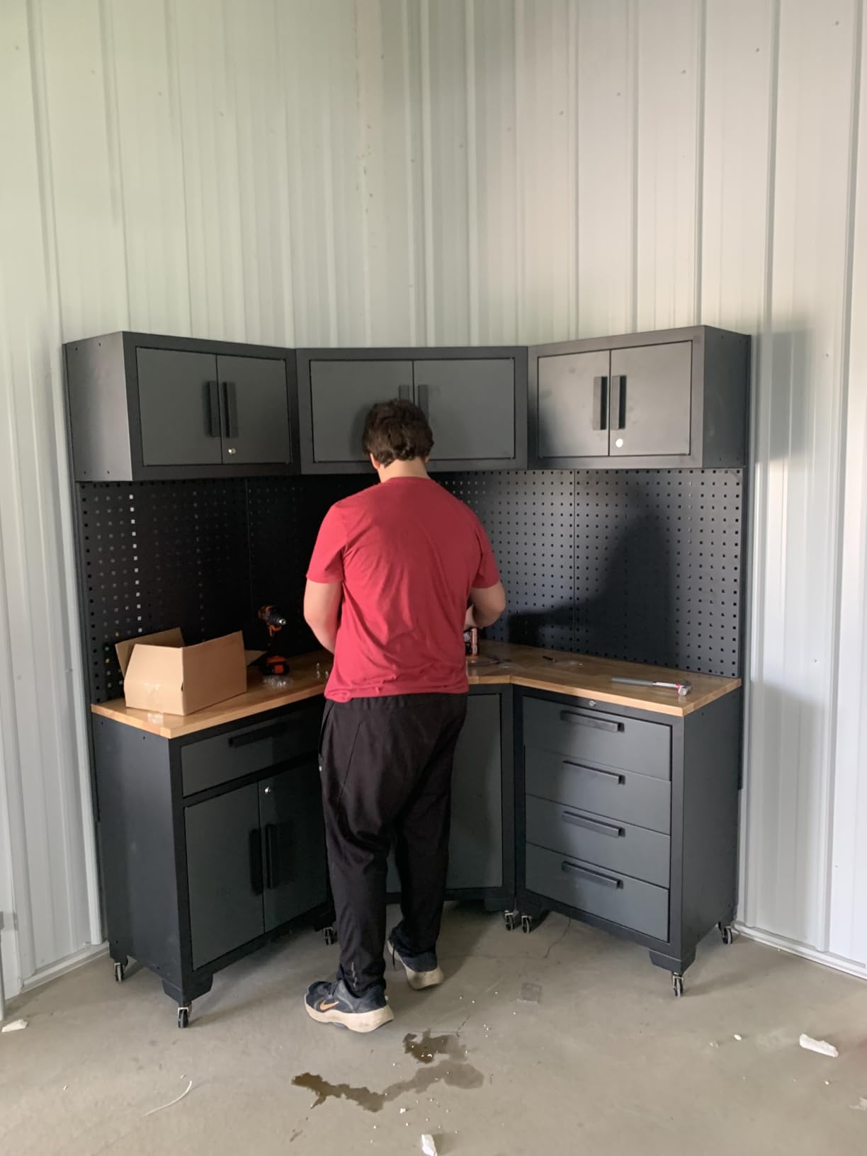 Corner Workshop Set - Garage Cabinets and Storage System with Corner Cabinet, Cabinet Drawers, Workbench, Pegboard for Tool Organization - Black and Grey customer photo 1