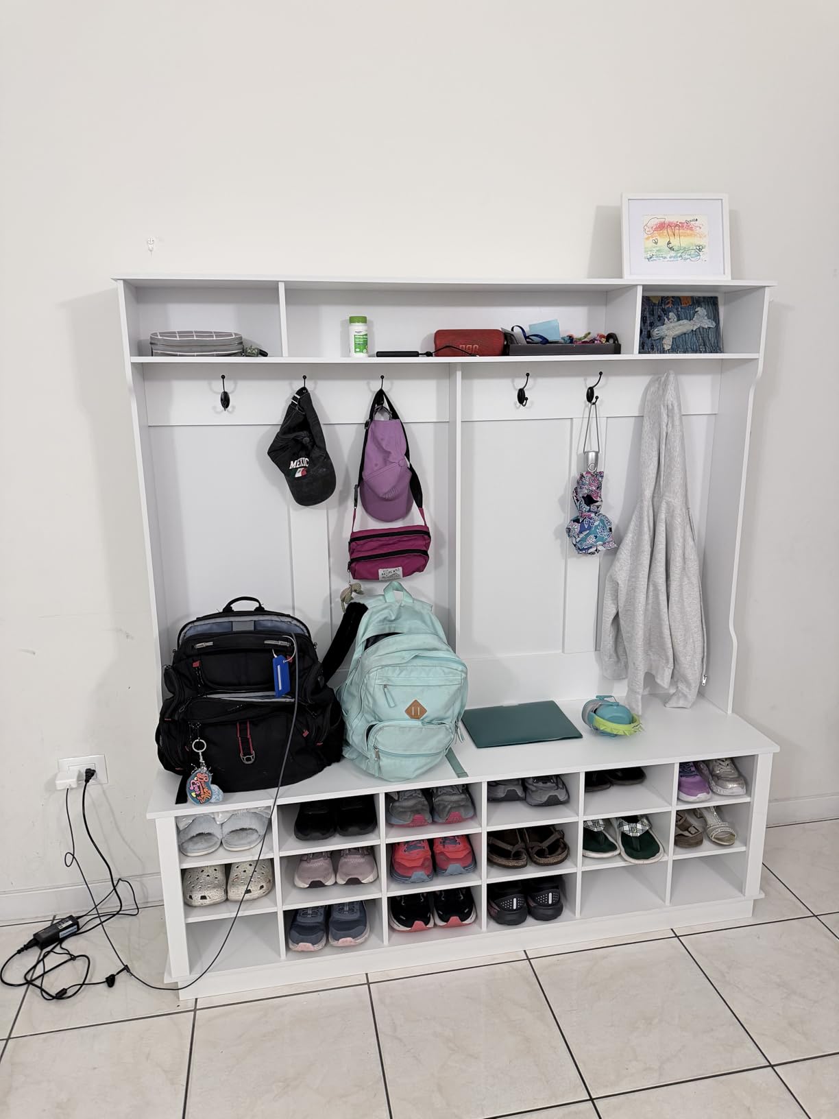 WOODTIME Extra Large Hall Tree with Bench and Shoe Storage, Multi-Purpose Entryway Bench with Coat Rack, Adjustable Shelves, 6 Double Hooks and 21 Open Compartments, White customer photo 2