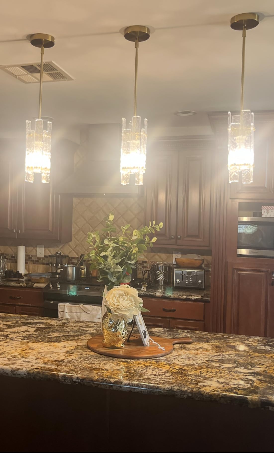 Modern Crystal Pendant Light for Kitchen Island, Gold Luxury Mini Water Ripple Glass Chandelier Lights Fixture, Modern square Adjustable Hanging Pendant Lighting for Dining Room Bedroom (3-Pack) customer photo 2