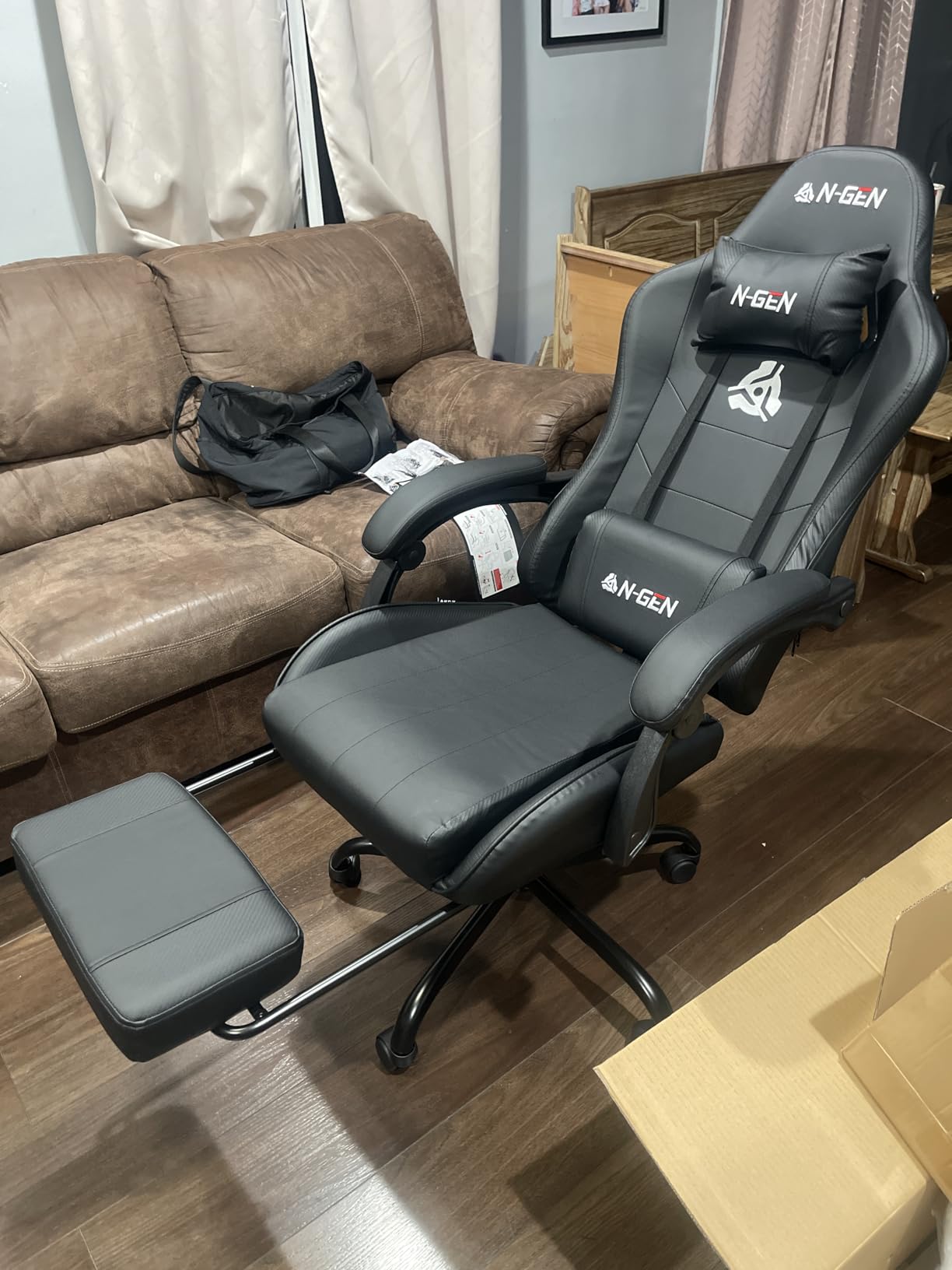 N-GEN GAMING Video Gaming Chair with Footrest Lumbar Support for Home Office High Back Recliner Height Adjustable Ergonomic Comfy Leather Computer Desk Chair (Red) customer photo 2