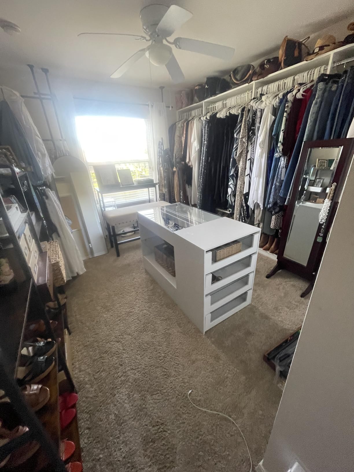 Armoire Bedroom Island Wardrobe Closet Island with Glass Drawer & 3 Doors, Island Glass Dresser Closet Island for Bedroom Cloakroom Store White (39.3