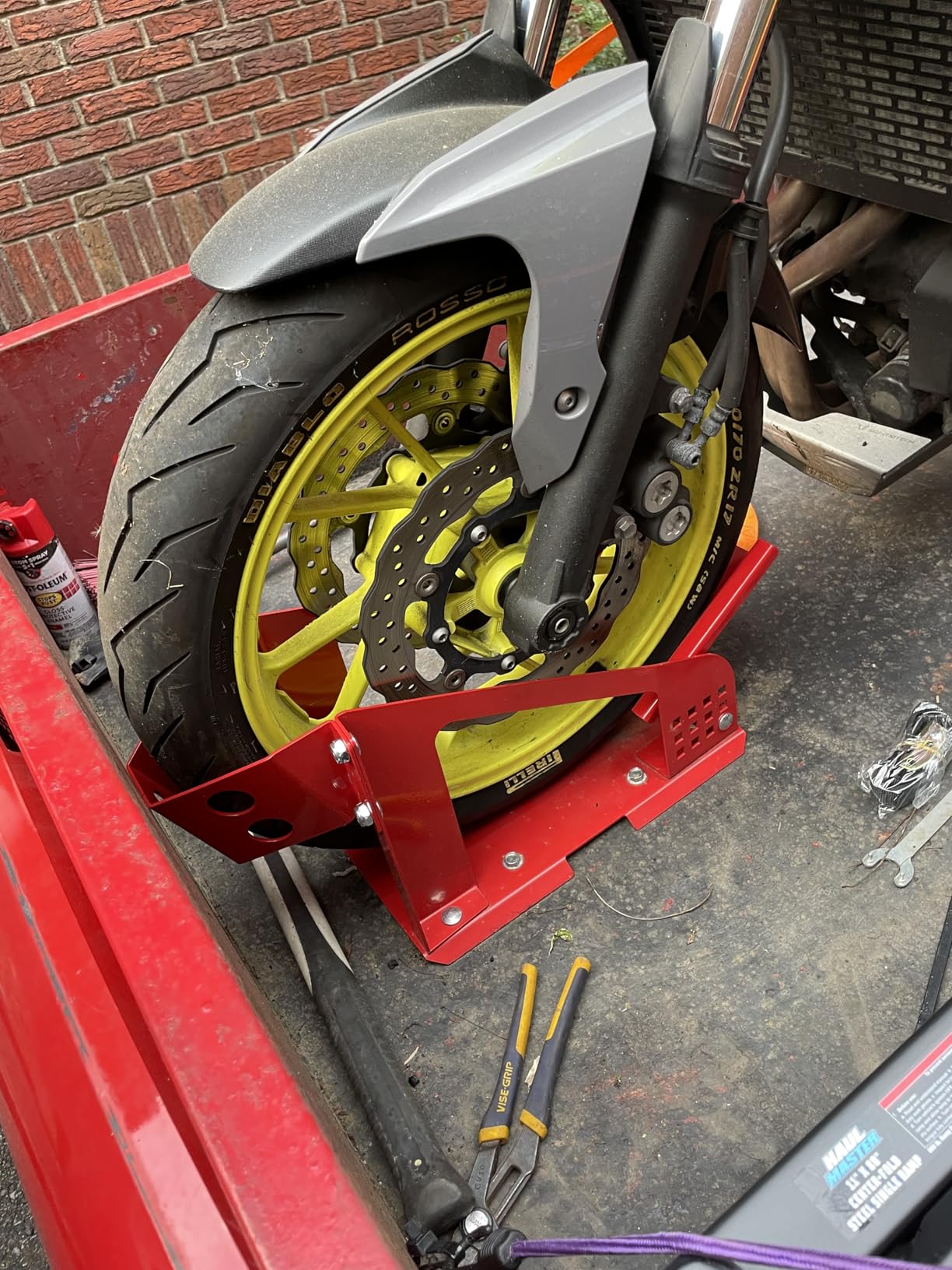Motorcycle Wheel Chock, Motorcycle Stand Up to 1800 Lbs, Wide Range Less Than 6 Inch, 12 Holes Support Adjustable Front Tire Stand Chocks for Most Motorcycle customer photo 2