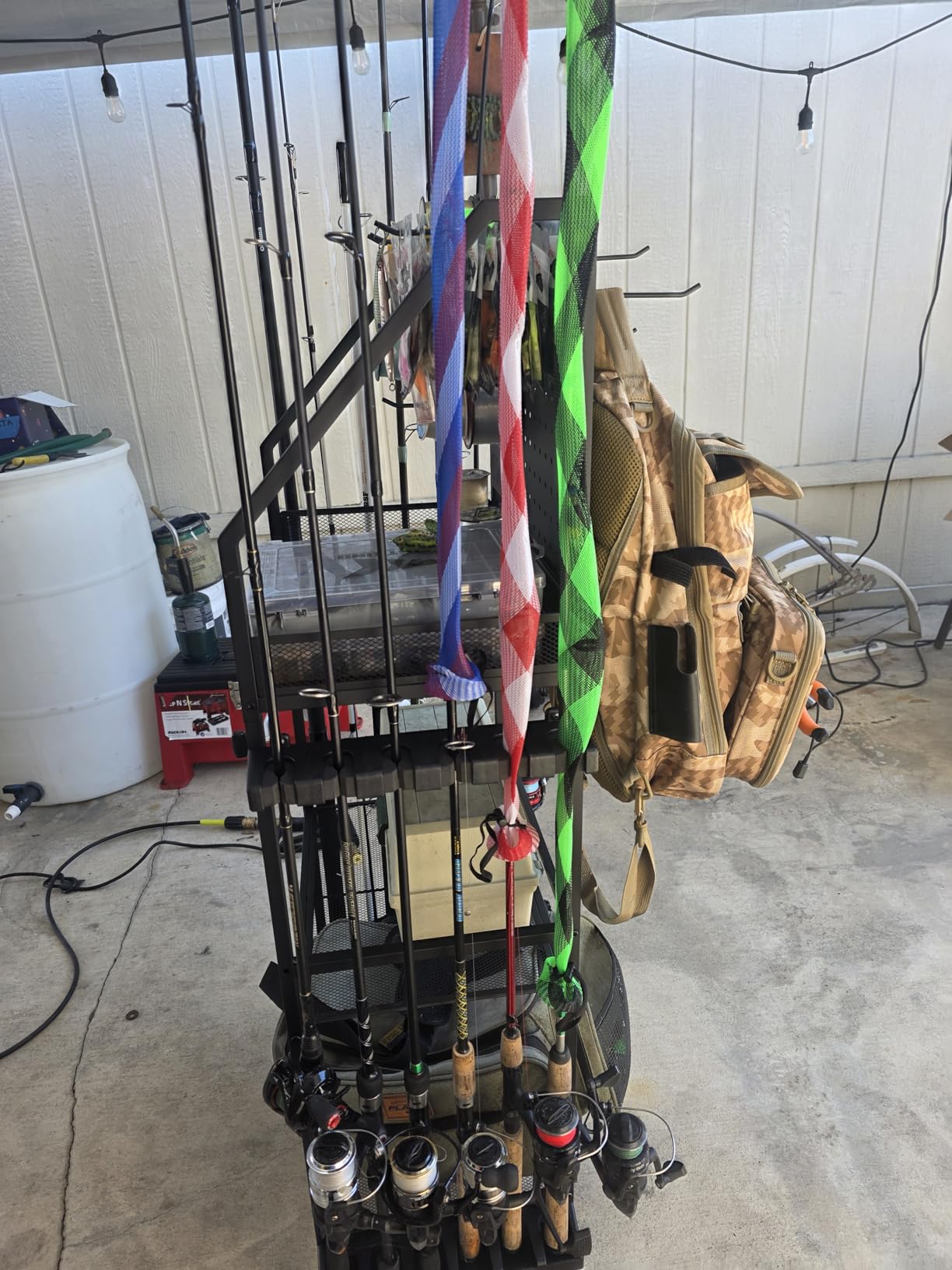 SOYEEZE Fishing Rod Holders for Garage, Fishing Pole Holders Up to 12 Rods with Pegboard and Hooks,Rolling Fishing Cart with Wheels, Fishing Gear Storage For Tackle Box & Reel Organization customer photo 1