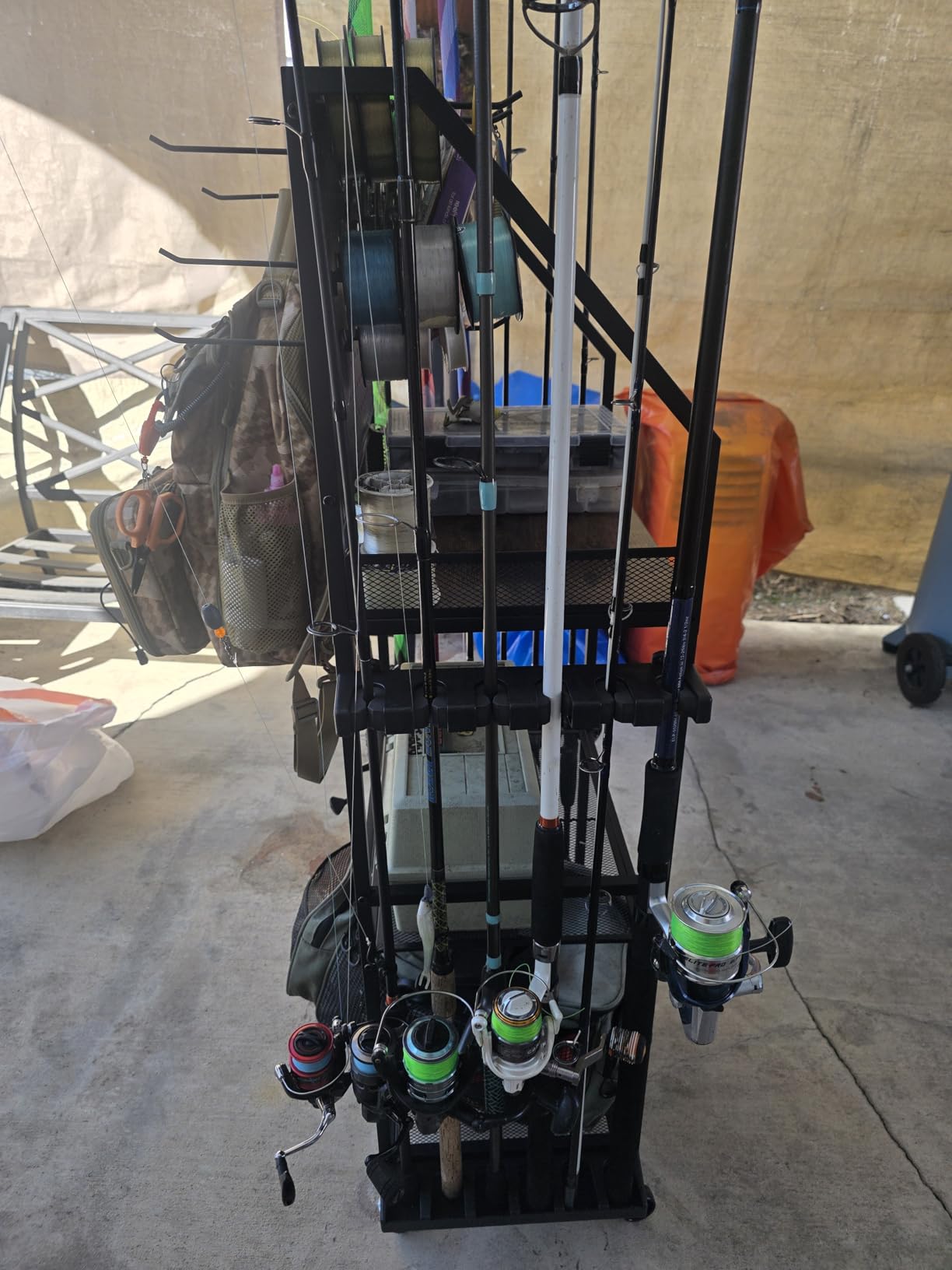 SOYEEZE Fishing Rod Holders for Garage, Fishing Pole Holders Up to 12 Rods with Pegboard and Hooks,Rolling Fishing Cart with Wheels, Fishing Gear Storage For Tackle Box & Reel Organization customer photo 2