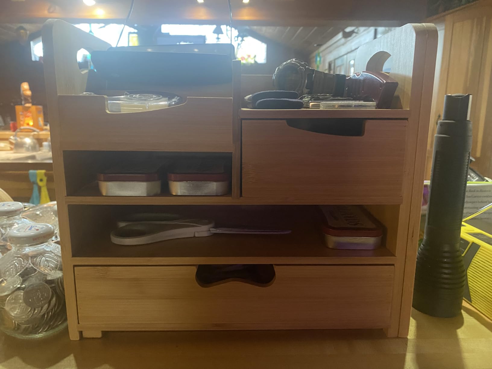 ZOOFOX Bamboo Desk Organizer with Adjustable File Holder, Mail Organizer Countertop with Drawer, 4-Tier Desktop Organization and Desk Accessories for Home Office School Supplies, No Assembly Required customer photo 1