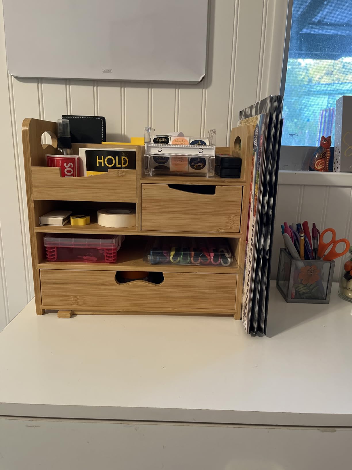 ZOOFOX Bamboo Desk Organizer with Adjustable File Holder, Mail Organizer Countertop with Drawer, 4-Tier Desktop Organization and Desk Accessories for Home Office School Supplies, No Assembly Required customer photo 2
