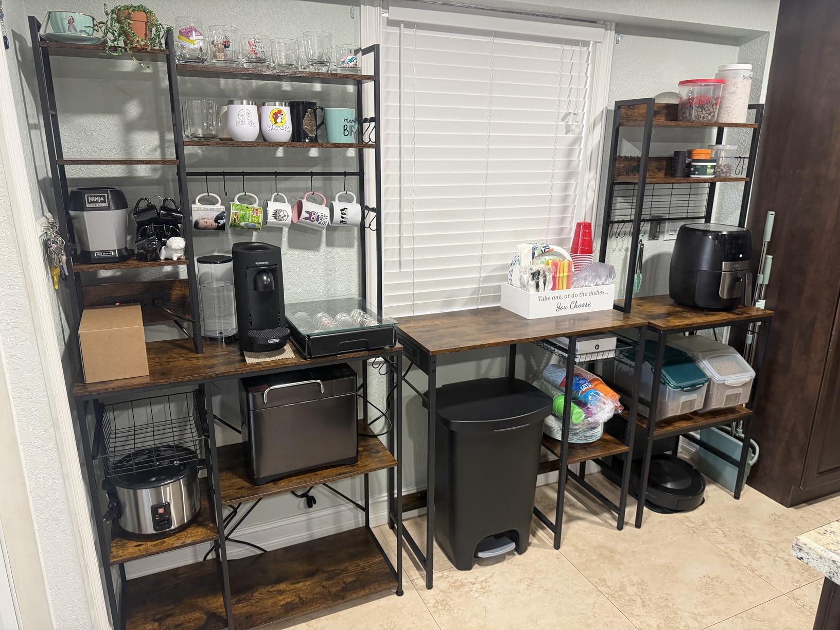 Baker Rack with Power Outlet - Microwave Stand with Storage, Large Coffee Bar Station with 14 Hooks, Metal Kitchen Shelf Rack for Spices, Pots (Rustic Brown) customer photo 2