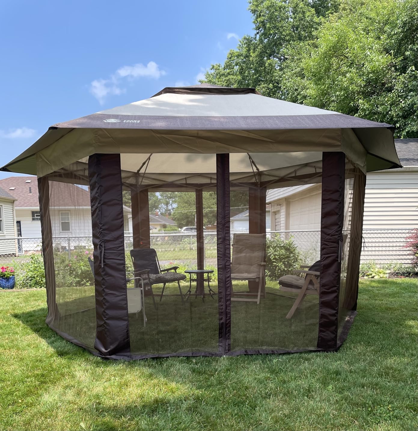 CROWN SHADES 13x13 Pop Up Gazebo with Mosquito Nettings, Patented Center Lock 6-Sided Portable Gazebo, 300D Silver-Coated Fabric UV Resistant, Pop Up Canopy Tent for Patio, Party, Beige&Coffee customer photo 1
