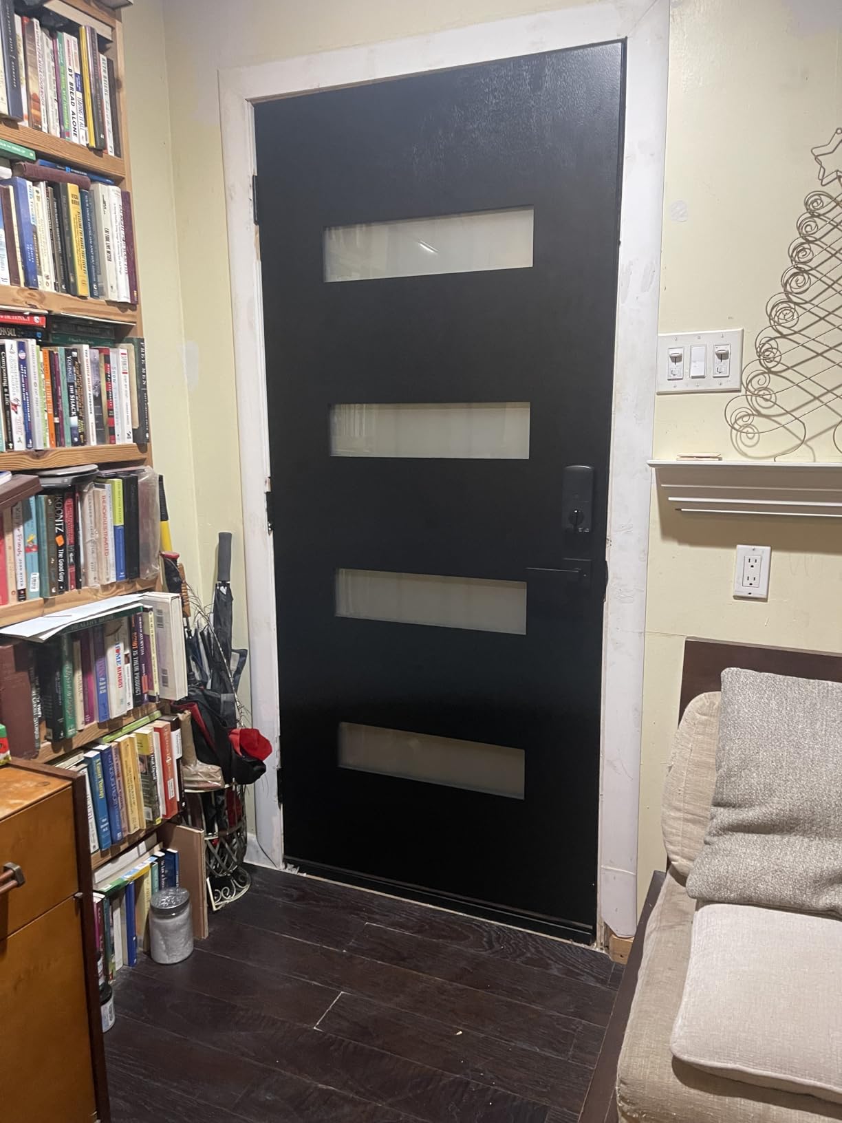 36 x 80 Fiberglass Entry Door with Brickmould, Frosted Glass, Black Finished Knock-Down Fiberglass Door - Contemporary Style for Home's Front Entrance, Right Hand Inswing with Vinyl Frame customer photo 1