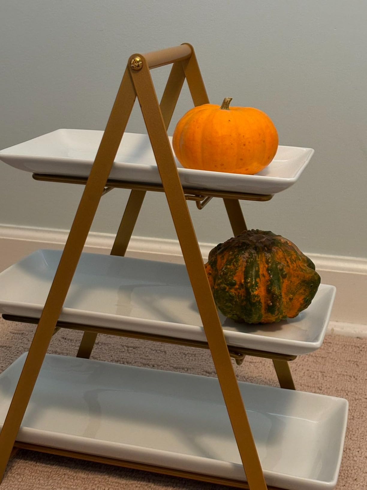 YHOSSEUN 3 Tier Serving Tray, Porcelain Tiered Tray Stand, 10+12+14 Inch Serving Platters and Trays with Collapsible Sturdier Rack, 3 Tiered Serving Stand Dessert Stands Treat Table Display Set, Gold customer photo 2