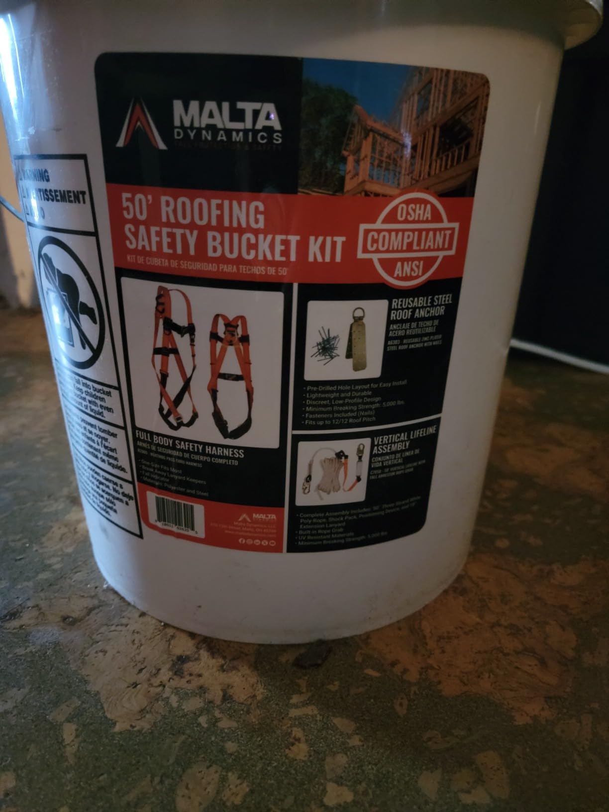 Malta Dynamics 50' Roofer's Safety Bucket Kit - Warthog Pass-Thru Safety Harness, Reusable Roof Anchor, and 50' Vertical Lifeline Assembly, OSHA/ANSI Compliant customer photo 2