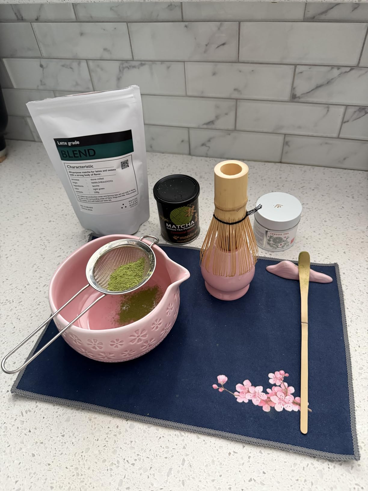 Matcha Whisk Set, Ceramic Matcha Kit Set Includes Matcha Bowl, Matcha Whisk and Holder, Bamboo Scoop, Scoop Rest, Sifter and Tea Towel - 7 Pcs Matcha Kit for Matcha Lovers (Mottled Green) customer photo 2