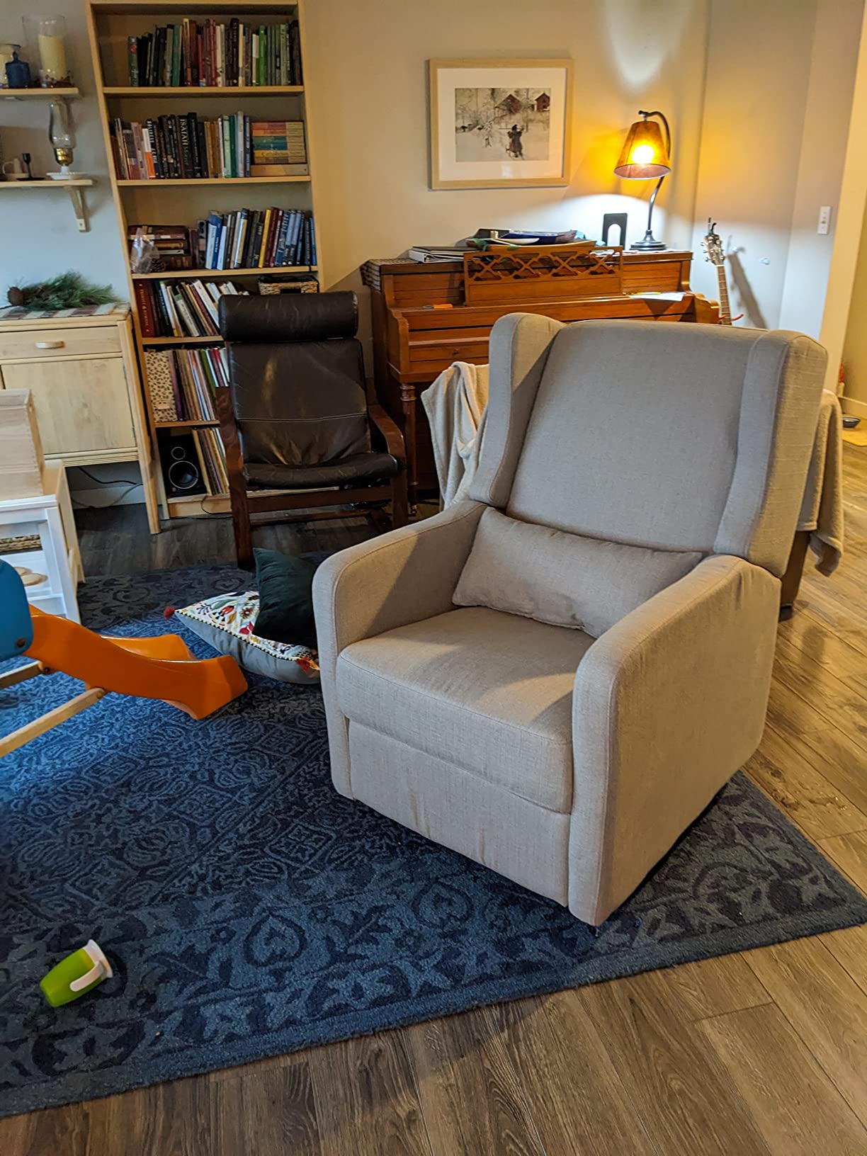 Carter's by Davinci Arlo Recliner and Swivel Glider in Performance Charcoal Double Stripe Linen, Water Repellent, Greenguard Gold & CertiPUR-US Certified Charcoal Double Stripe customer photo 2
