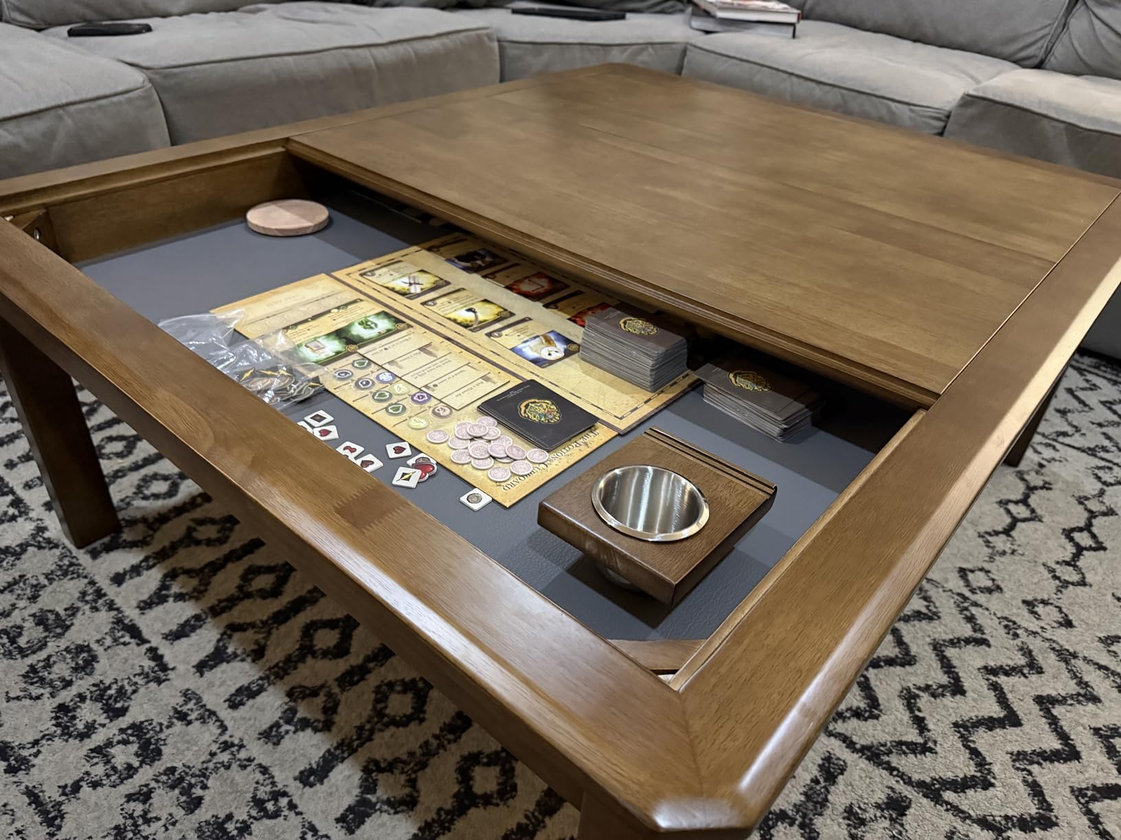 Board Game Coffee Table with Removable Table Top, Seats 4 Players with 3ft-7in x 2ft-9in Play Area, Includes Play Mat and Detachable Cup Holders customer photo 1