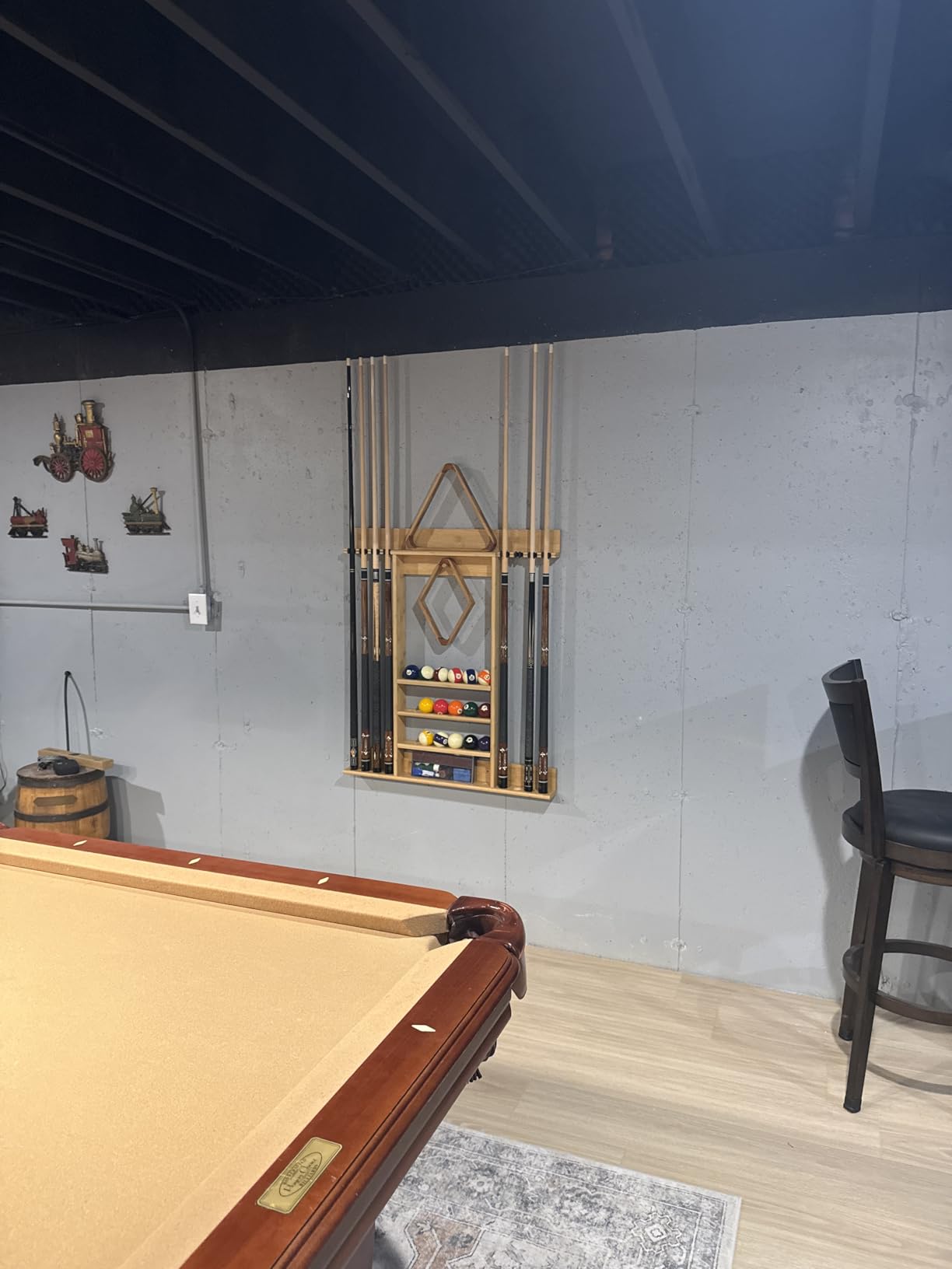 Pool Cue Rack, Bamboo Wall Mount Pool Sticks Holder, Holds 8 Cues and Full Set of Balls, Pool Table Accessories Organizer for Billiard Room or Club - Dark Brown customer photo 2