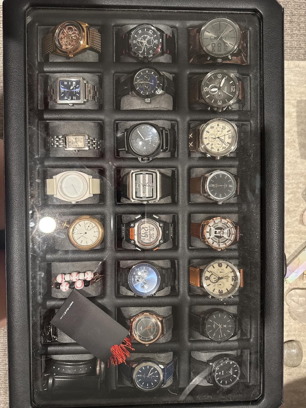 ROTHWELL 24 Slot Watch Box Storage Case with Lock - Luxury Display and Organization for Watch Collection | Real Glass Top | Premium Storage for Collectors (Carbon) customer photo 2