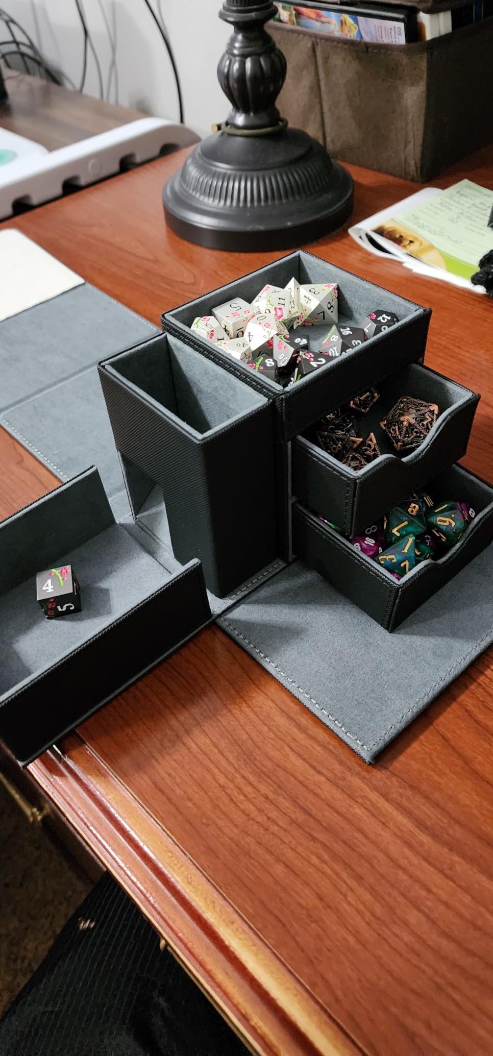 Dice Tray & Dice Tower Storage Box, 3 in 1 Dice Holder Case (Dice Rolling Tray, Dice Rolling Tower, Dice Storage Drawers), Leather Magnetic Closure DND Accessories Gifts for RPG MTG, Black/Red customer photo 1