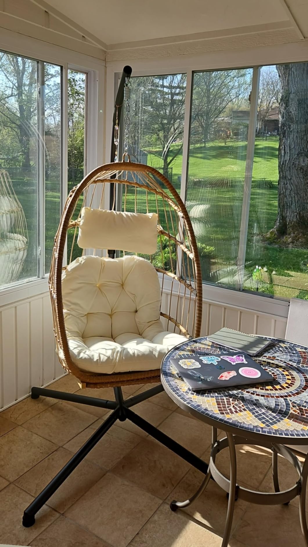 Brafab Hanging Egg Chair with Stand and Footrest, Wicker Egg Swing Chair Indoor Outdoor Aluminum-Steel Frame and UV Resistant Cushion, Patio Lounge Hammock Chairs for Bedroom 370LBS Capacity, Beige customer photo 1