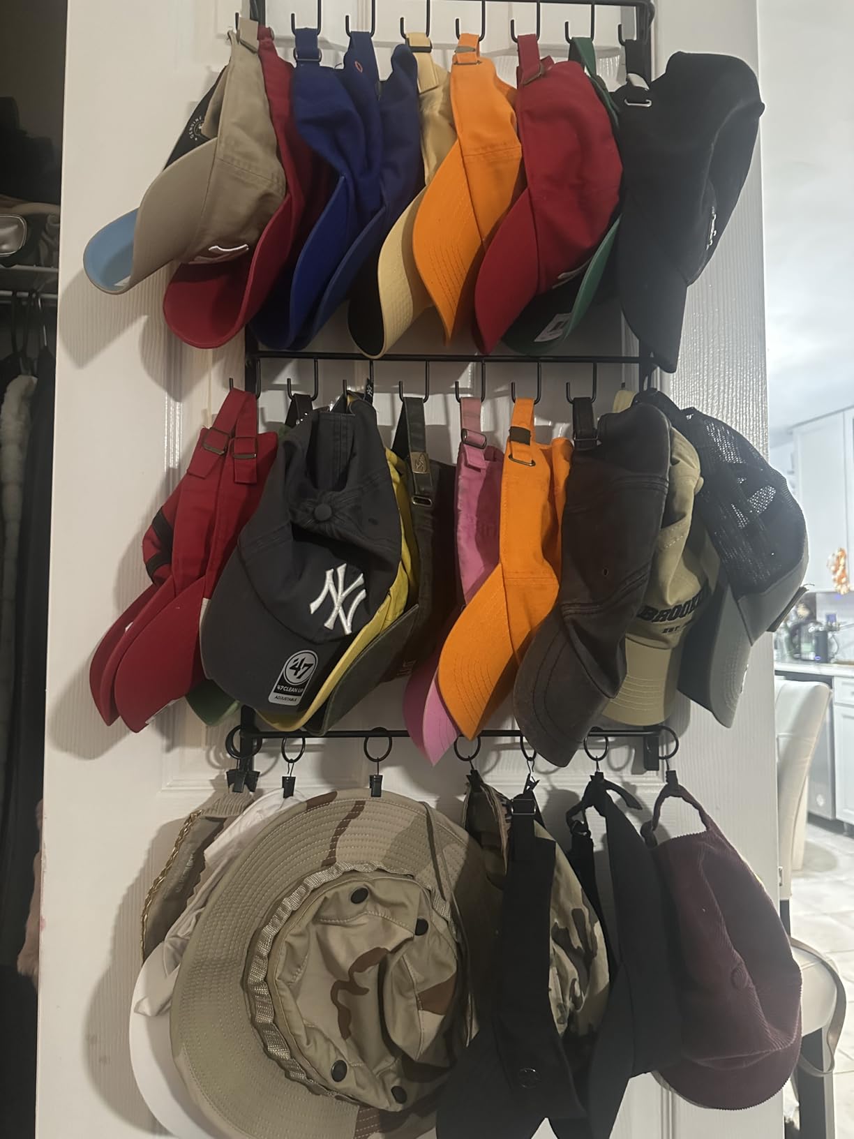 HapiRm Over Door Hat Rack - 3 Tier Wall Mounted Hat Organizer with 16 Hooks and 10 Movable Clips, Baseball Cap Organizer Storage Holds up to 26 Caps for Door, Bedroom, Closet USPTO Patent Pending customer photo 1
