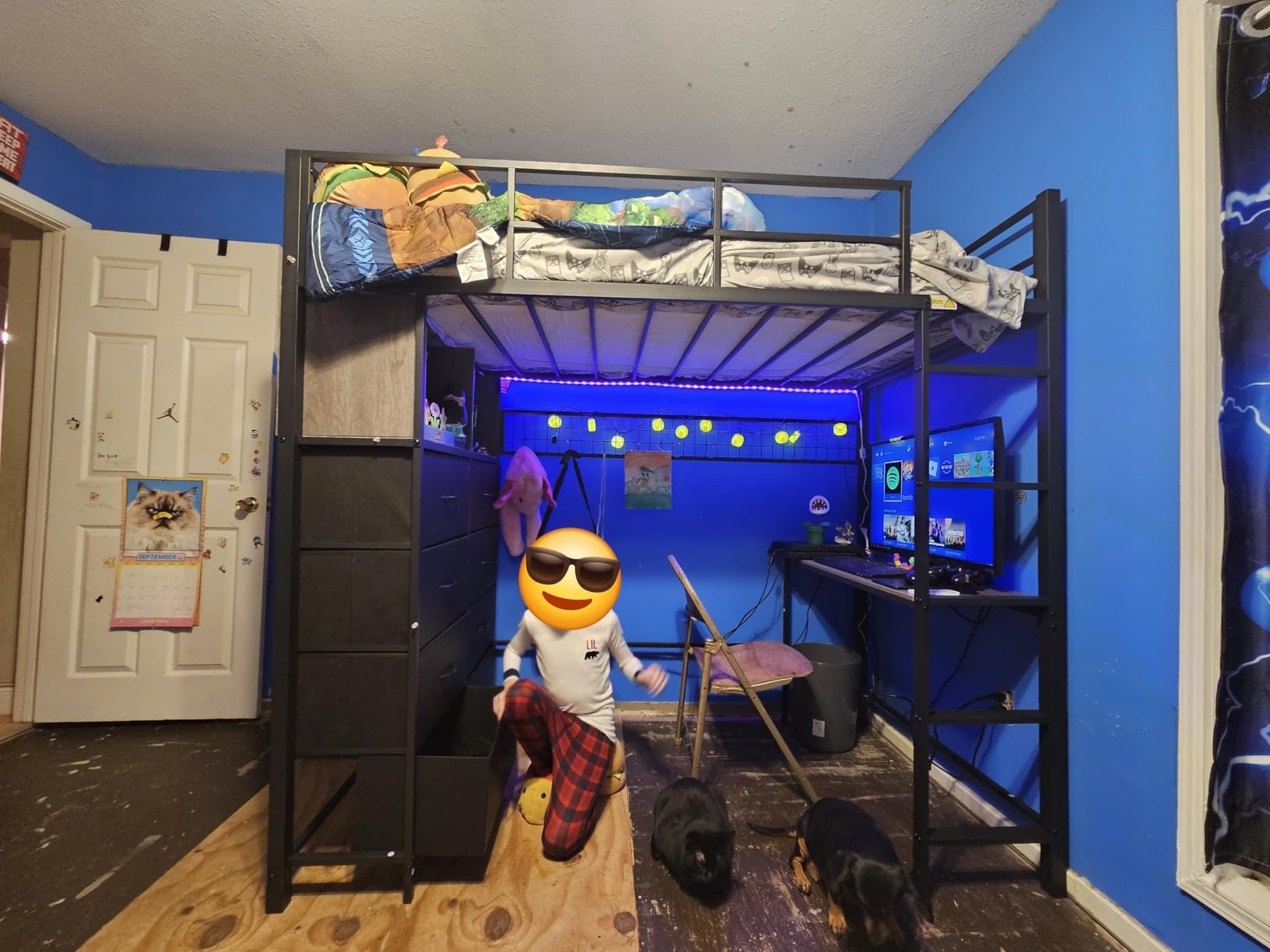 ADORNEVE Twin Size Loft Bed with Desk and 8 Storage Drawers, Metal Kids Loft Bed Twin with LED Lights & Charging Sation, Storage Shelves, 13.1