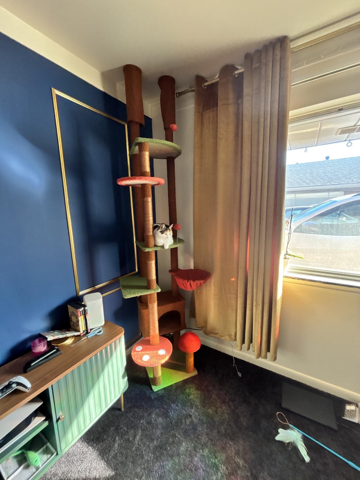 PEQULTI Floor to Ceiling Cat Tree 93.3''-100.8'' Height Adjustable Wooden Cat Tower Tall Climbing Play House with Scratching Posts, Cozy Condo, Perches and Large Hammock for Indoor Cats Beige customer photo 1