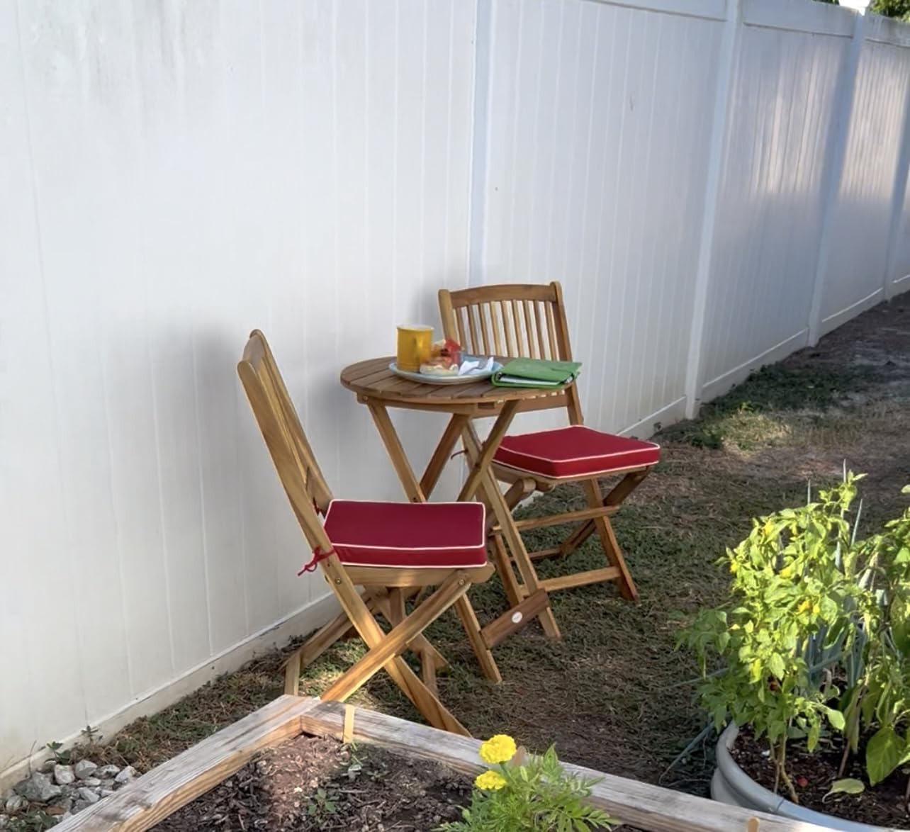 Tangkula 3 Pieces Acacia Wood Patio Folding Bistro Set, Outdoor Table and Chairs Set with Soft Cushions, Patio Furniture Set for Porch, Balcony, Garden, Deck and Backyard customer photo 1