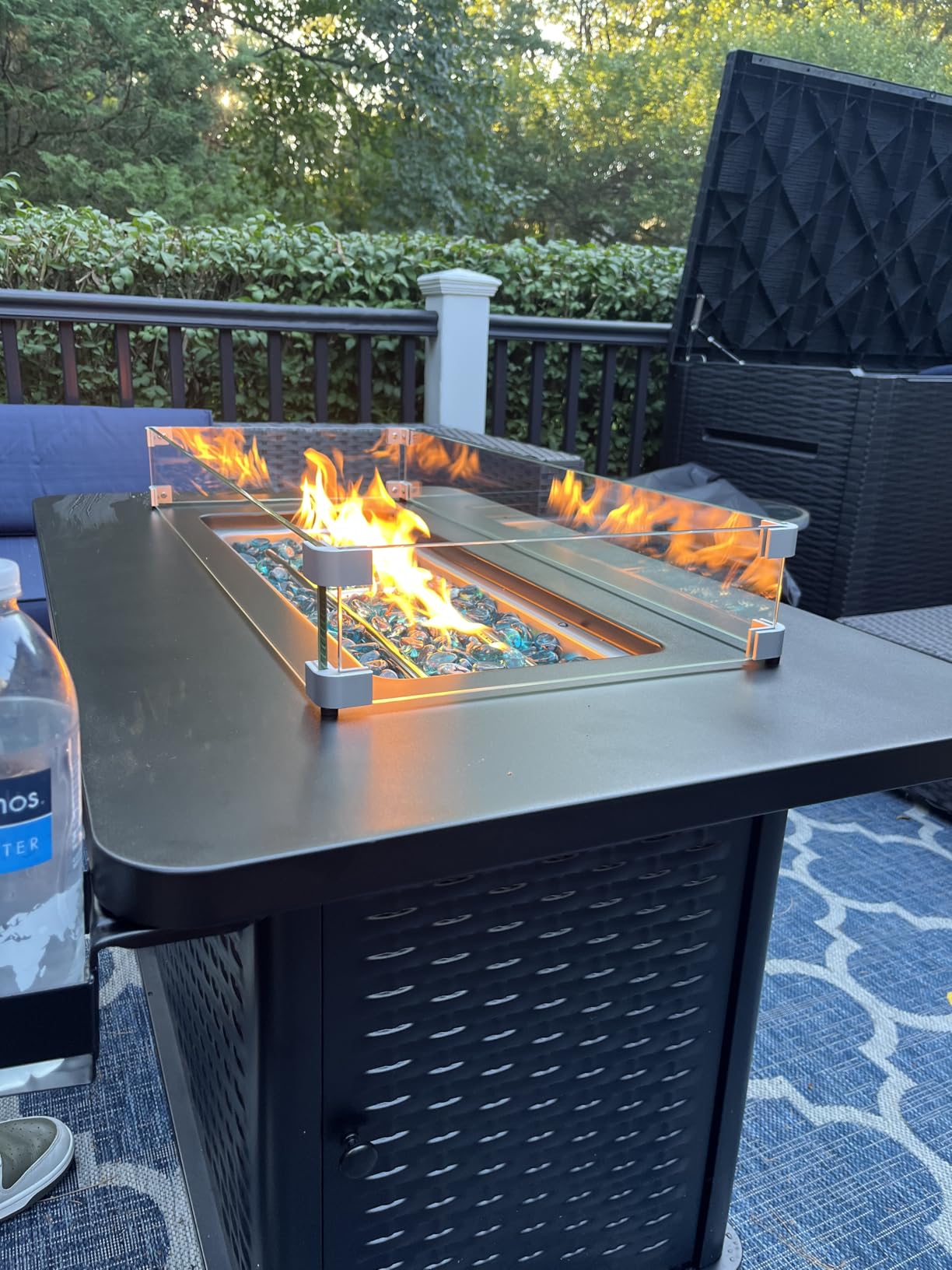 AMADA HOMEFURNISHING 43 Inch Propane Fire Pit Table, 60,000 BTU Gas Fire Pit with Premium Glass Rocks, Wind Guard Glass Shield, Waterproof Cover, Cup Holders, Fire Table for Patio and Garden customer photo 1