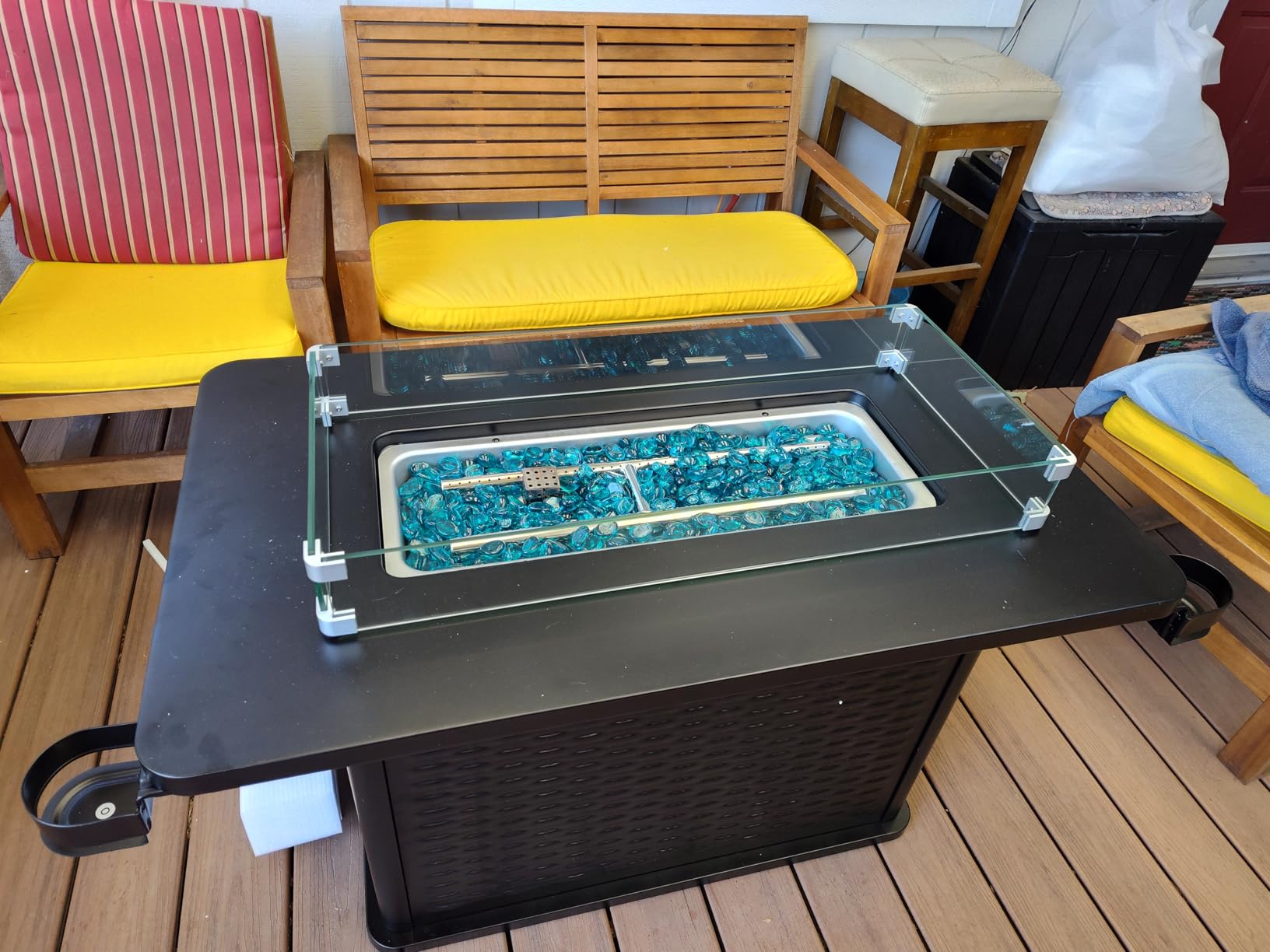 AMADA HOMEFURNISHING 43 Inch Propane Fire Pit Table, 60,000 BTU Gas Fire Pit with Premium Glass Rocks, Wind Guard Glass Shield, Waterproof Cover, Cup Holders, Fire Table for Patio and Garden customer photo 2