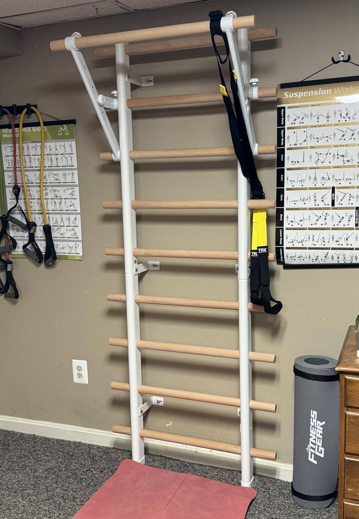 DHT Wood Stall Bar, Swedish Ladder Suspension Trainer with 9 Strategic Rods, for Home, Gym, School and Clinics, White customer photo 1