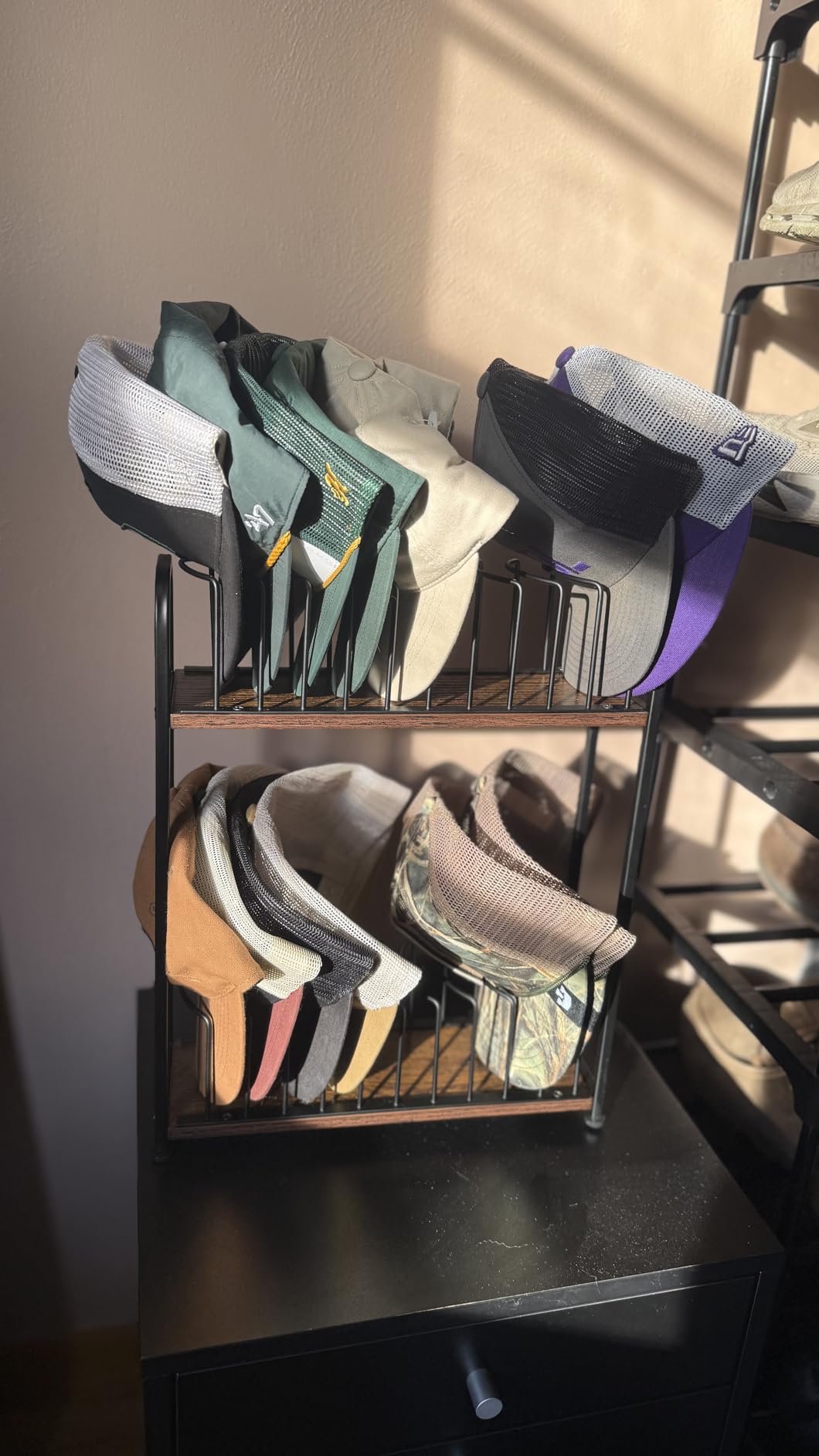 SWTYMIKI Hat Stand for Baseball Caps - 2 Tier Wood & Metal Removable Tabletop Hat Organizer Storage Display Rack, Holds up to 20 Caps for Desk, Closet Shelf, Dresser (Black) customer photo 1