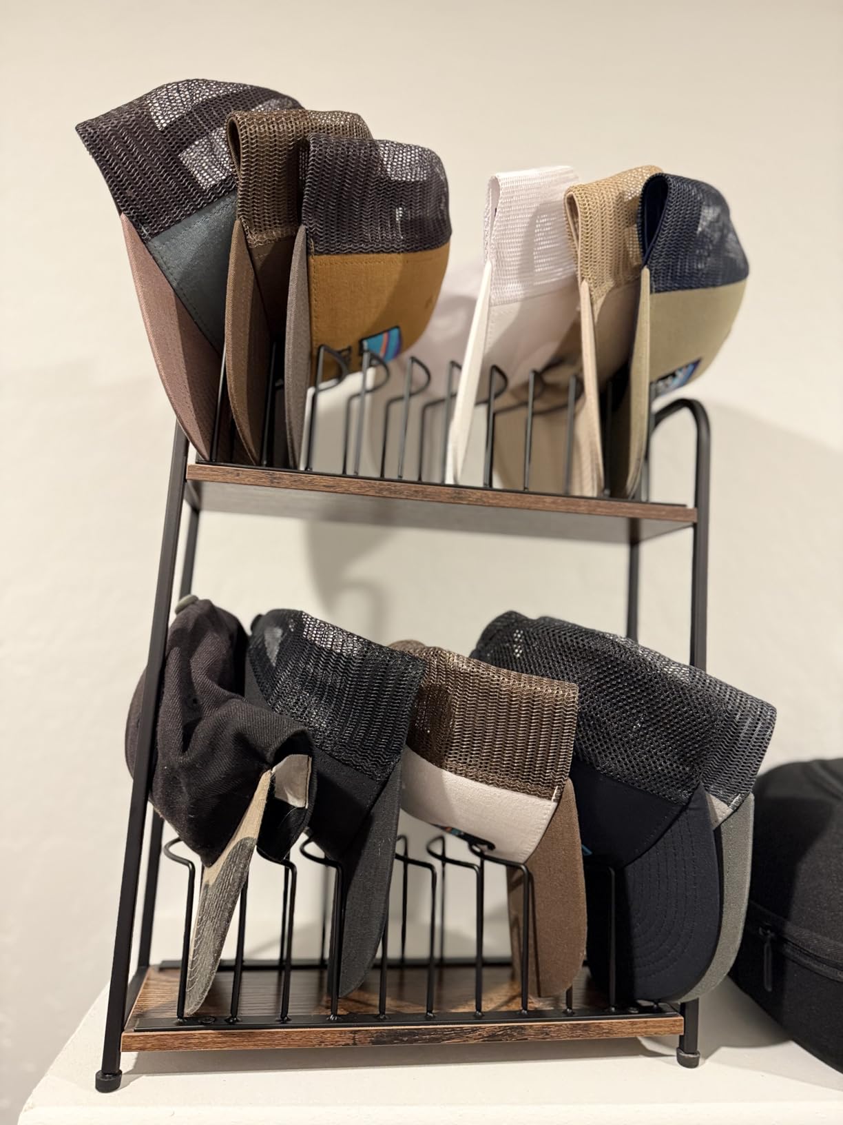 SWTYMIKI Hat Stand for Baseball Caps - 2 Tier Wood & Metal Removable Tabletop Hat Organizer Storage Display Rack, Holds up to 20 Caps for Desk, Closet Shelf, Dresser (Black) customer photo 2